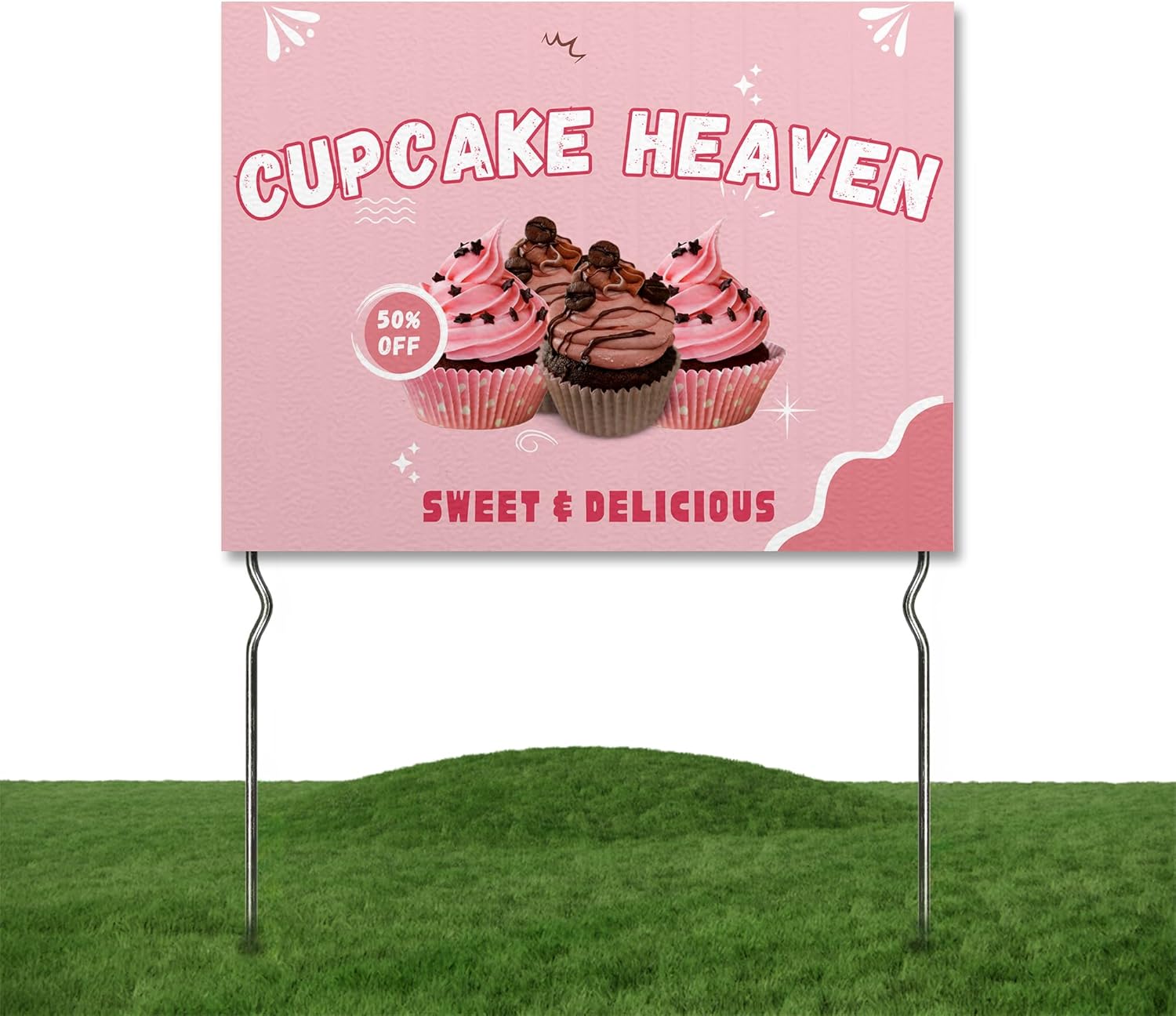 Cupcake Heaven - Sweet & Delicious! Yard Sign by DC | 24"x18" Double Sided Food Garden Sign with 13” Metal Stakes | Outdoor Signs Waterproof for Lawn, Patio, Sidewalk & House | Set of 2 | Made in USA