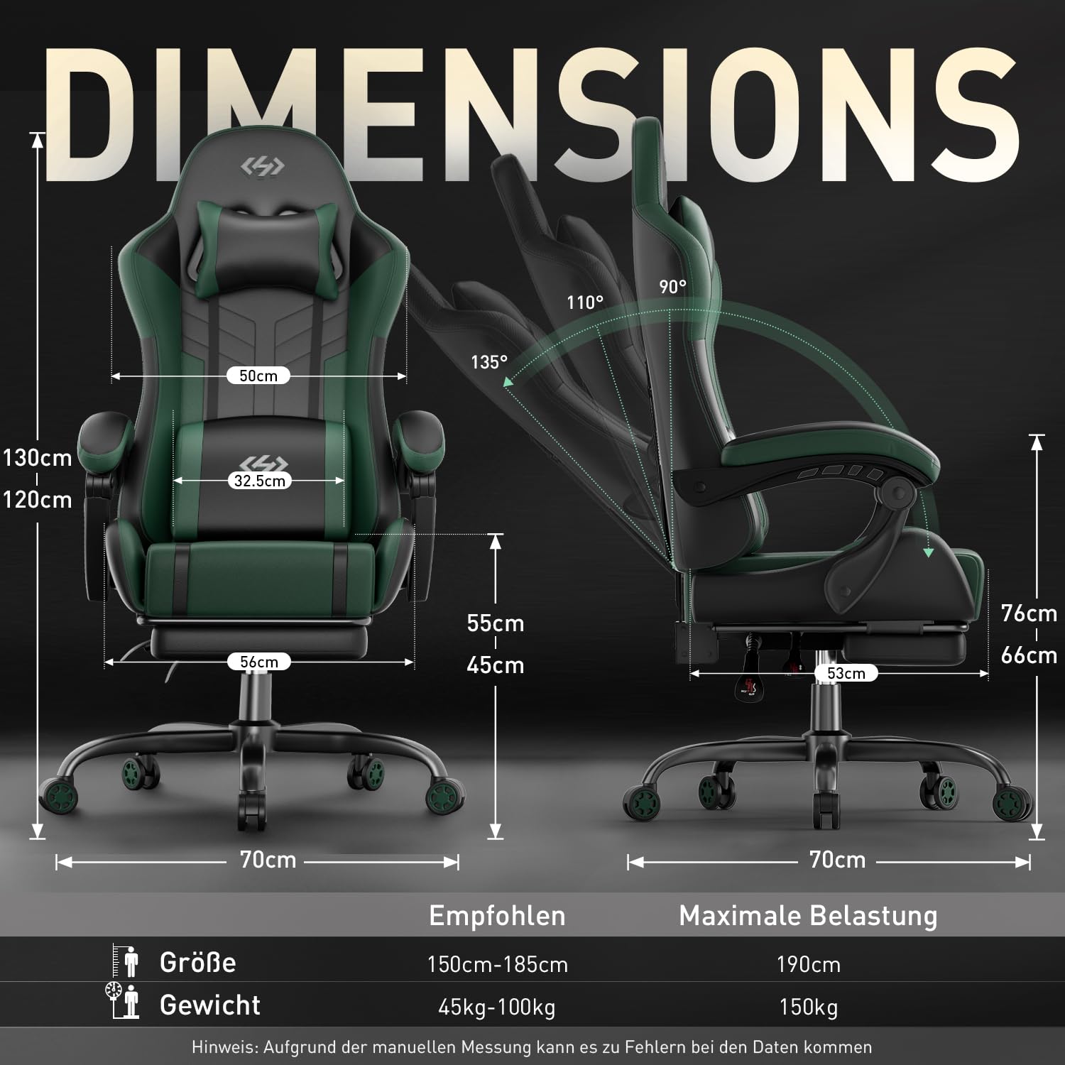 HLONONE Gaming Stuhl mit Massagefunktion, Ergonomischer Gamer Stuhl, Racing Gaming Sessel mit Fußstütze, Kopfstütze und Massage Lendenkissen, Gepolstert PC Stuhl, 150 kg Belastbarkeit, Schwarz-Grün