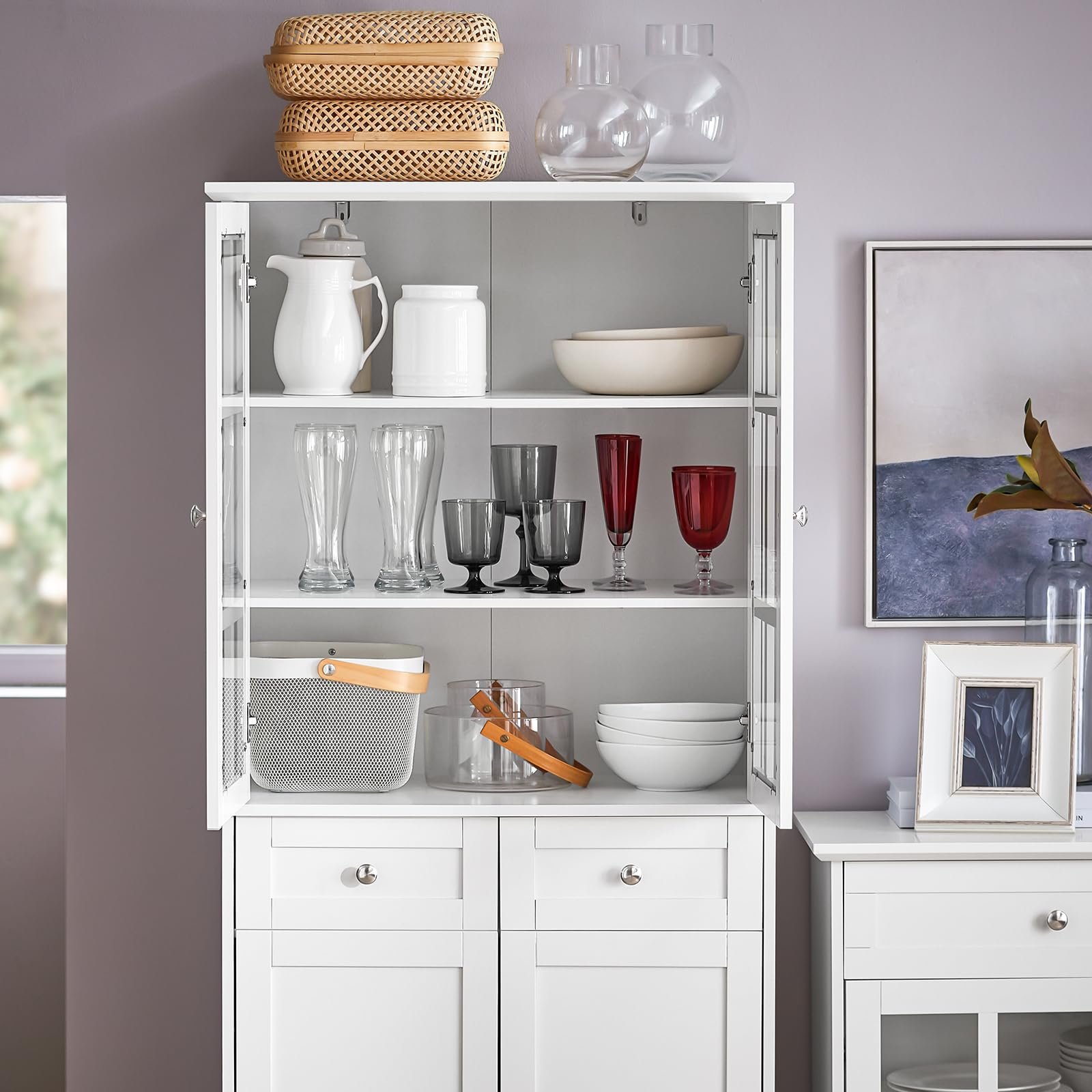 SoBuy Credenza Alta per Cucina Mobile Buffet in Legno con 6 scomparti e 2 cassetti Armadio Dispensa in Stile moderno Bianco 75x40x175cm FSB76-W