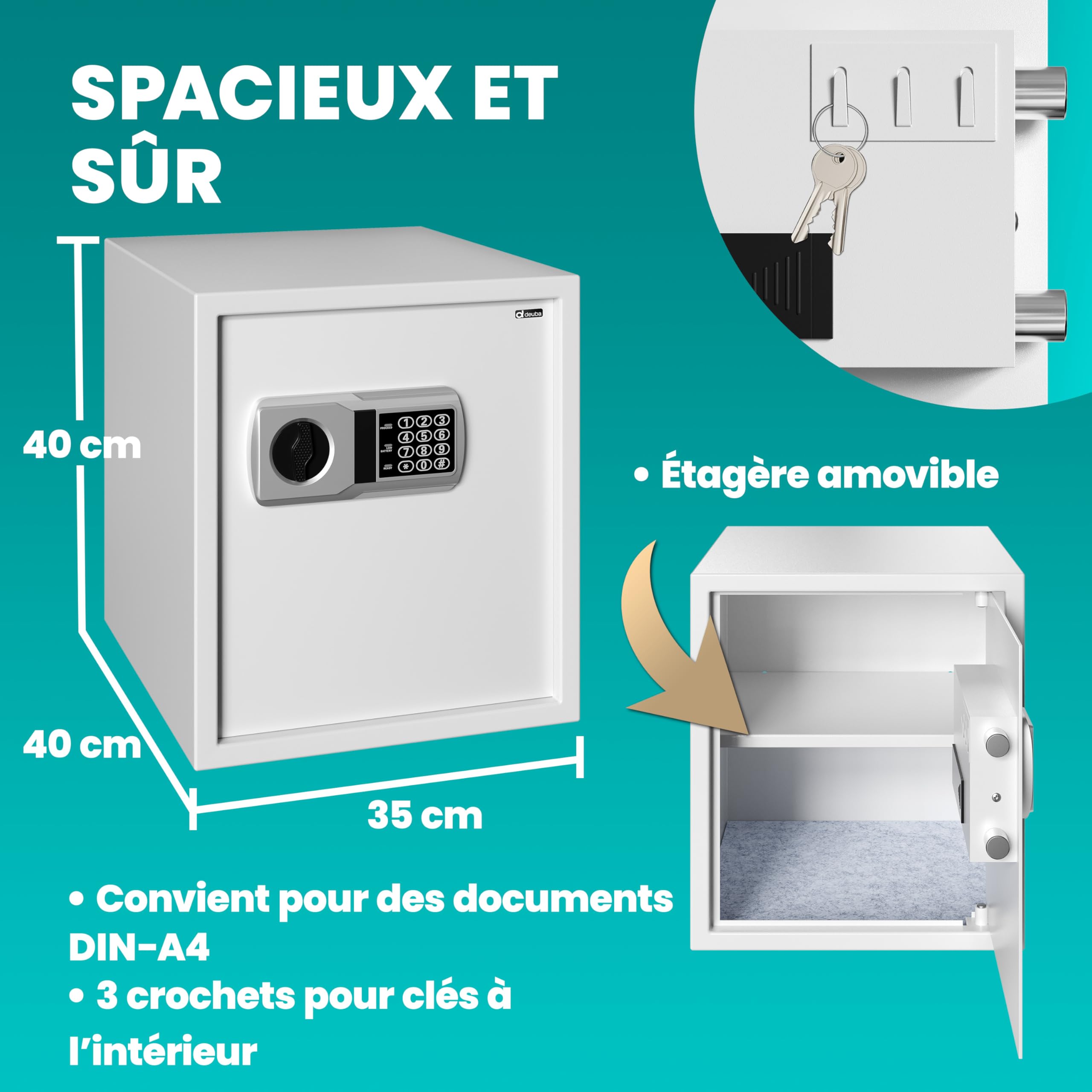 DEUBA® Coffre-fort électronique gris acier 2 clés 4 piles verrouillage par pêne fixation murale/au sol 35 x 40 x 40 cm