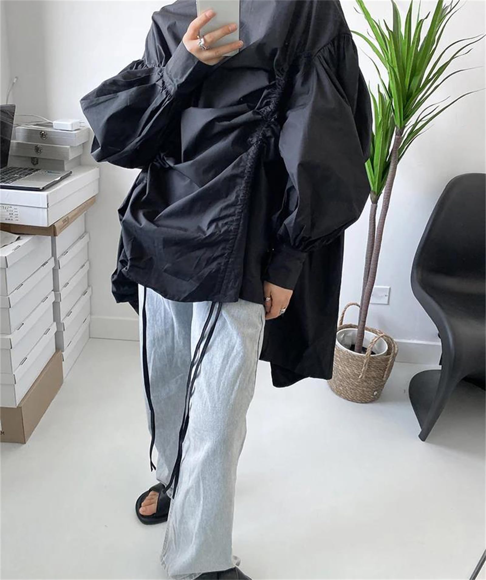 Genérico Blusa Holgada de Manga Larga con Cuello Alto y cordón Irregular para Mujer, Talla Grande, para Oficina y Trabajo (Talla única, Negra)