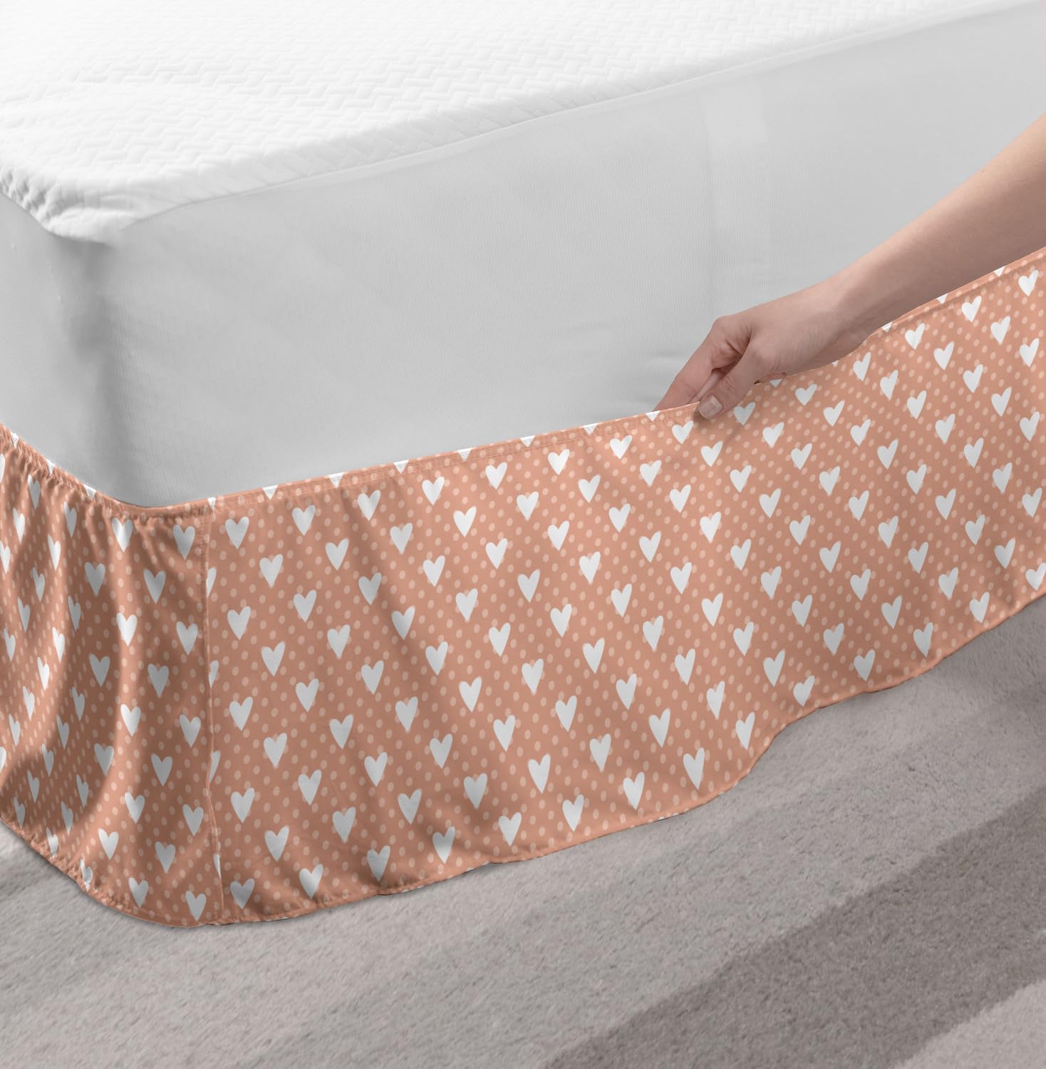 Lunarable Valentine Bed Skirt, Pattern with White Hearts and Pastel Polka Dots Romantic Retro, Elastic Bedskirt Dust Ruffle Wrap Around for Bedding Decor, Twin/Twin XL, Pale Pink White Peach