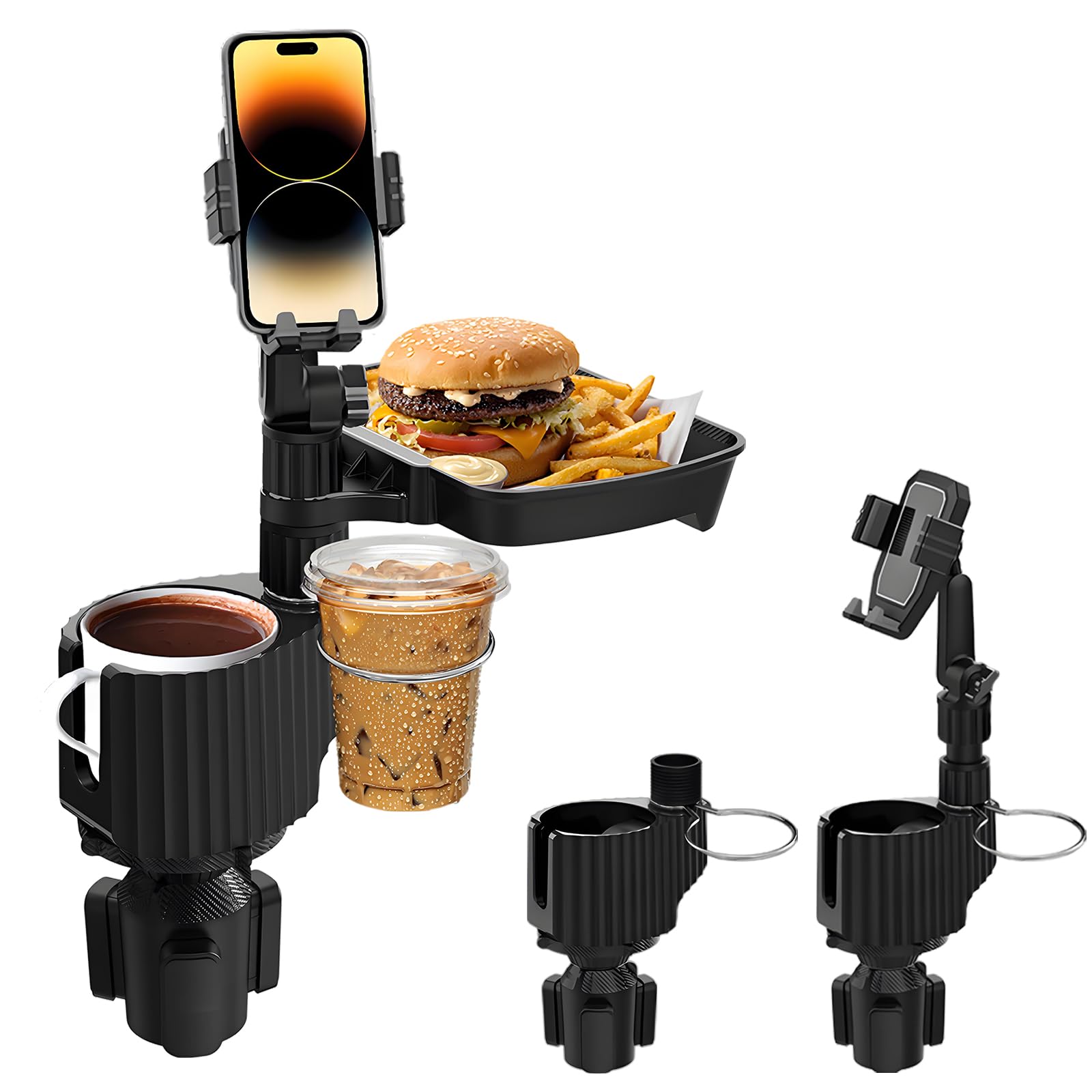 Plateau porte-gobelet de voiture – 4 en 1 avec porte-gobelet en métal, plateau alimentaire réglable et support de téléphone pour tous les usages, essentiels automobiles pour conducteur et