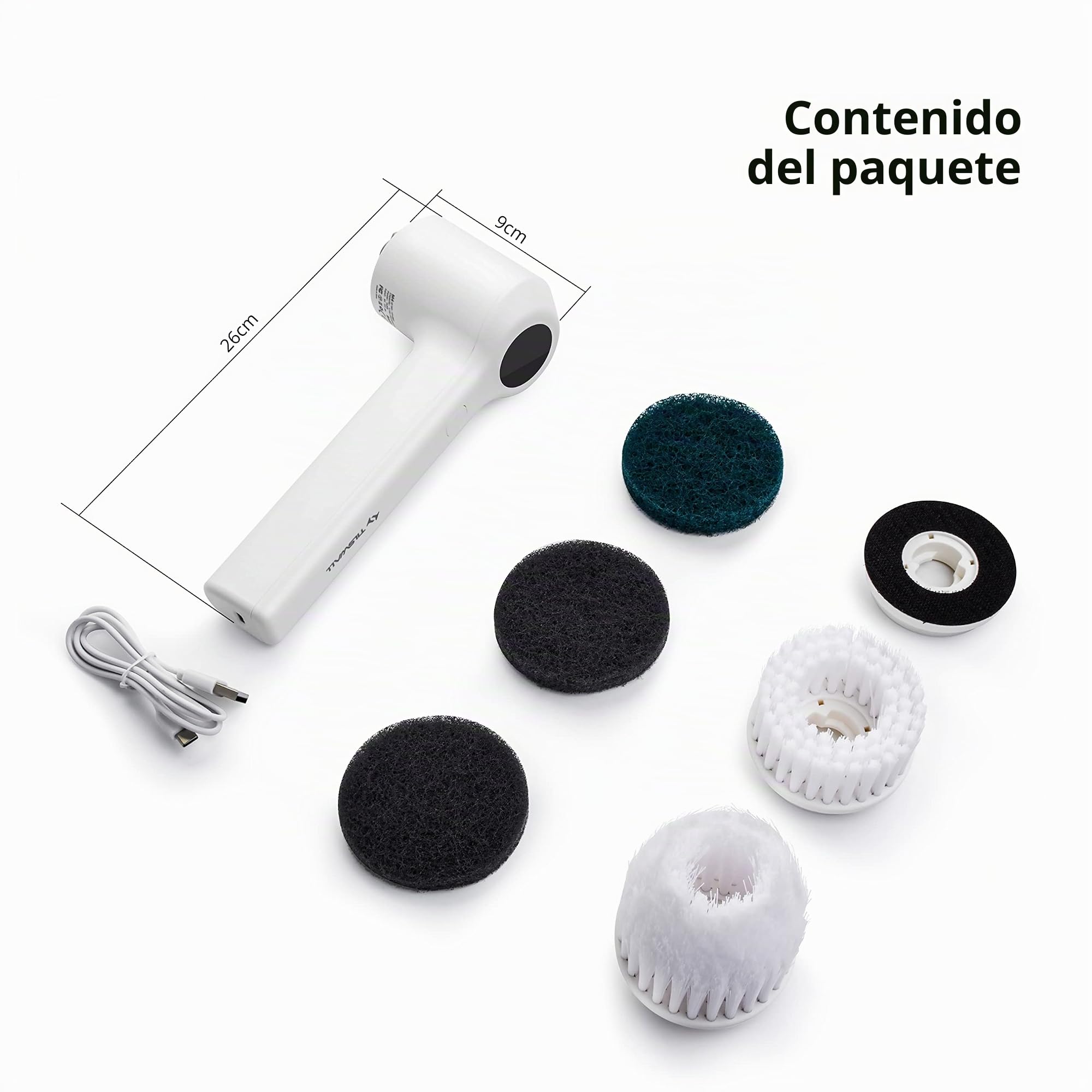 TILSWALL M4 Cepillo Limpieza Eléctrico, Cepillo Turbo Limpieza con Cabezales Reemplazables, 2 Velocidades de Rotación y 5 Cabezales Intercambiables, con Pantalla LED para Baño, Cocina, Azulejo
