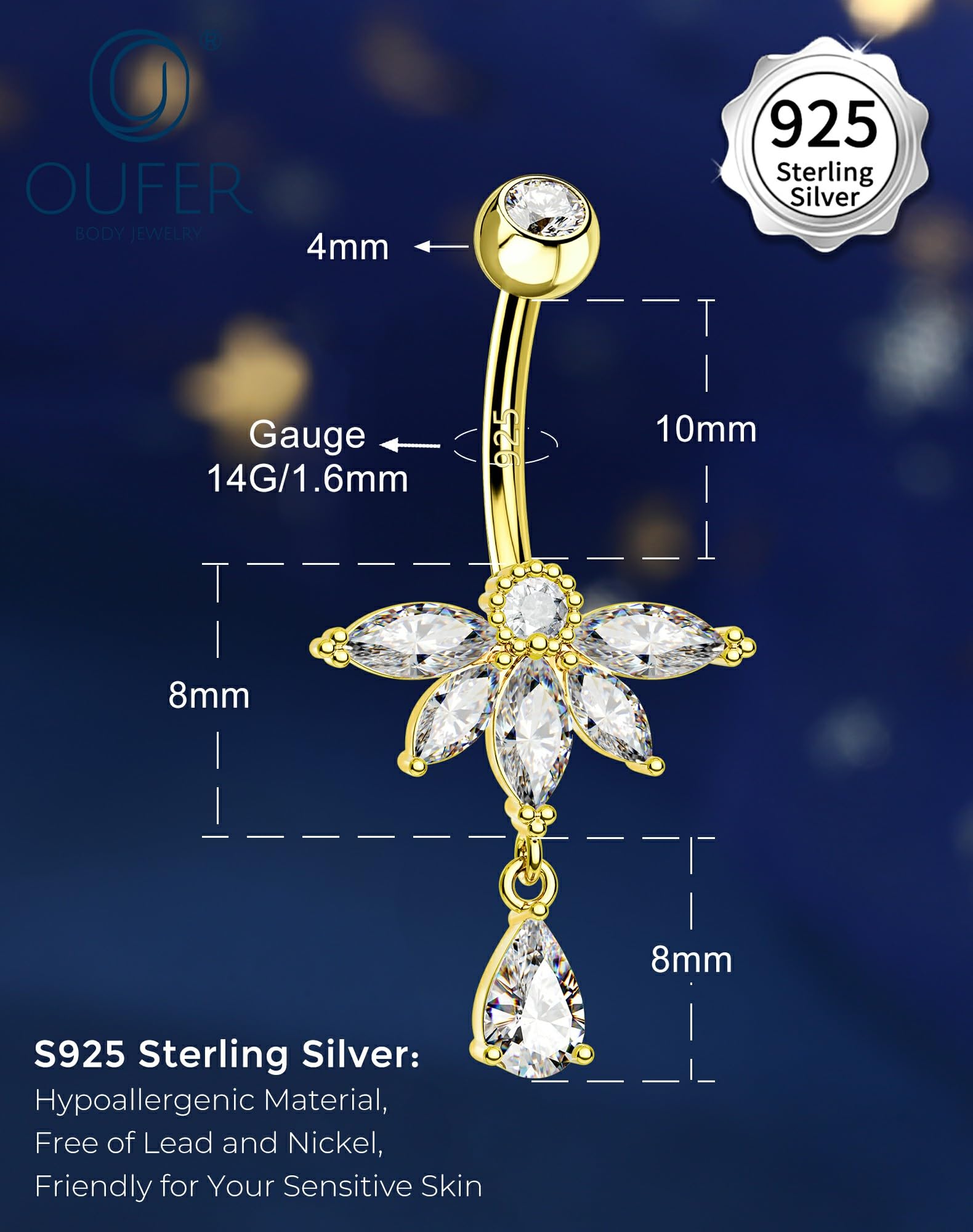 OUFER Lotus Gold - Piercing para ombligo de plata de ley 925, 14 g, con colgante, circonita transparente, 10 mm