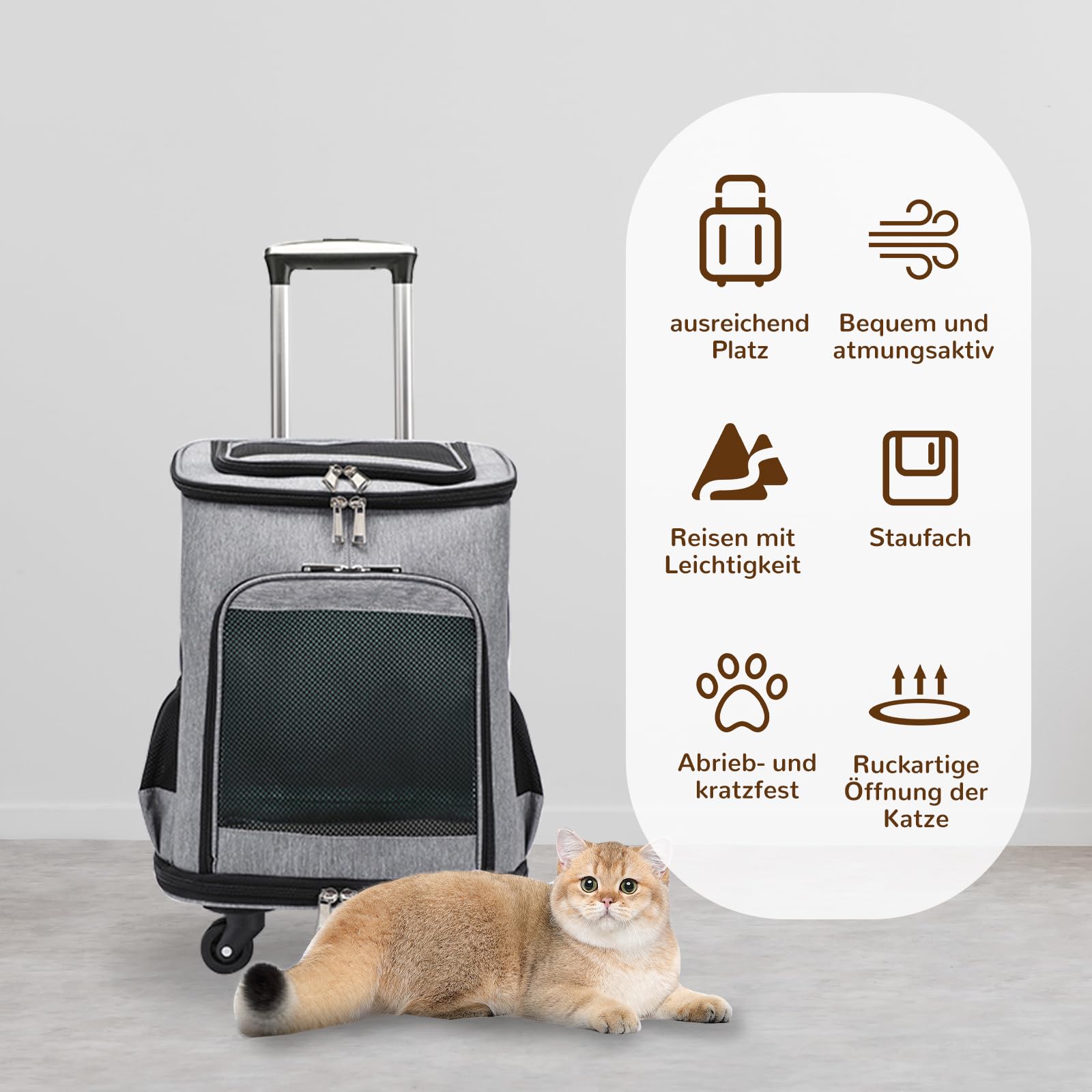 Zaino per cani con trolley, per gatti, fino a 10 kg, leggero, trasportino per cuccioli, animali domestici (grigio)