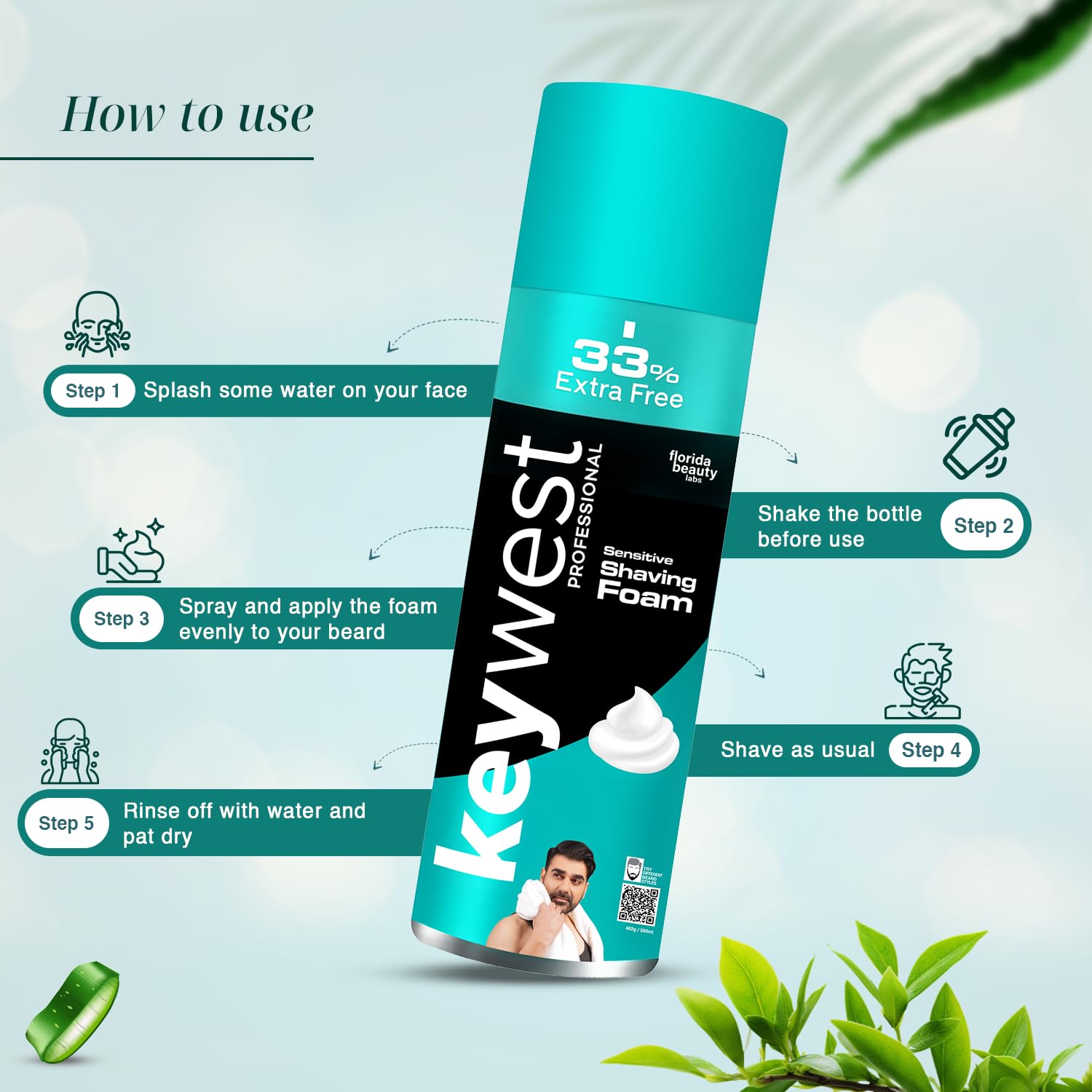 Keywest Sensitive Pre Shaving Foam for Men 482gm (33% Extra Free) | Shave Foam for Men Sensitive Skin | More Than 120 Shaves | Enriched with Tea Tree Oil & Aloe Vera 3