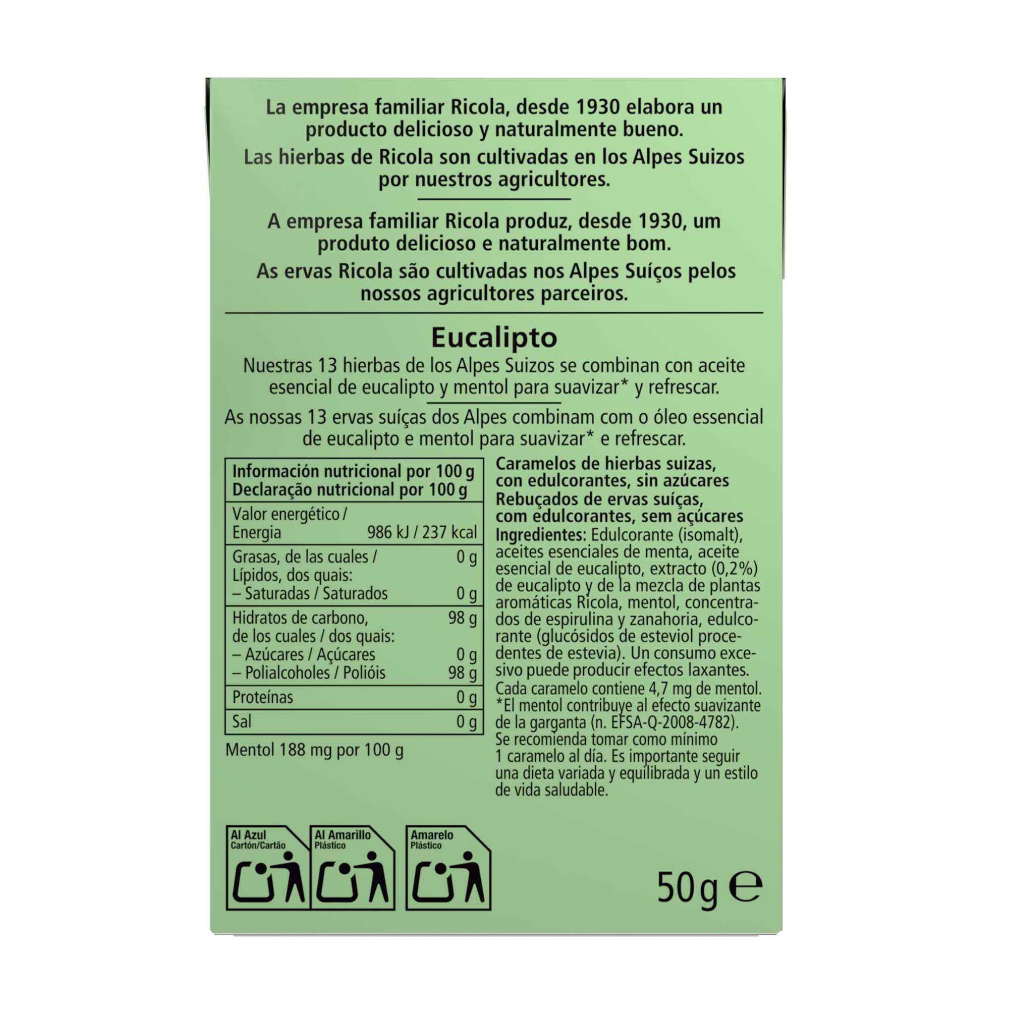 Ricola - Eucalipto, Caramelos Duros Sin Azúcar, Refresca, Alivia la Garganta y la Respiración, con Aceites Esenciales de Menta y Eucalipto y 13 Hierbas Suizas, con Edulcorantes - Caja 50 g