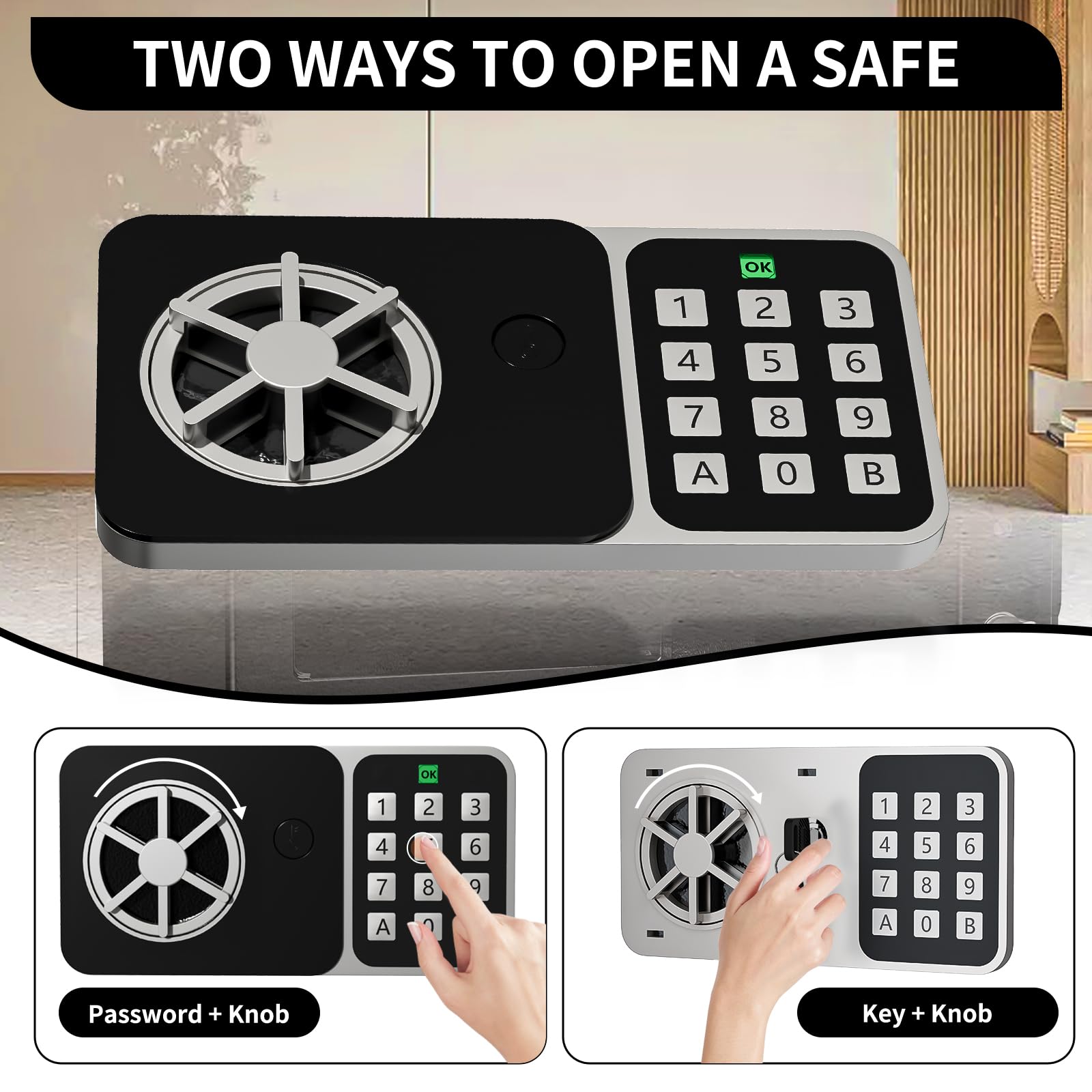 Digitaler Safe 6,8 l, kleiner Tresor für Zuhause, elektronische Sicherheitskassette, Wandtresor fürs Homeoffice mit 2 Schlüsseln, Mini-Safe 23 x 17 x 17 cm, schwarz