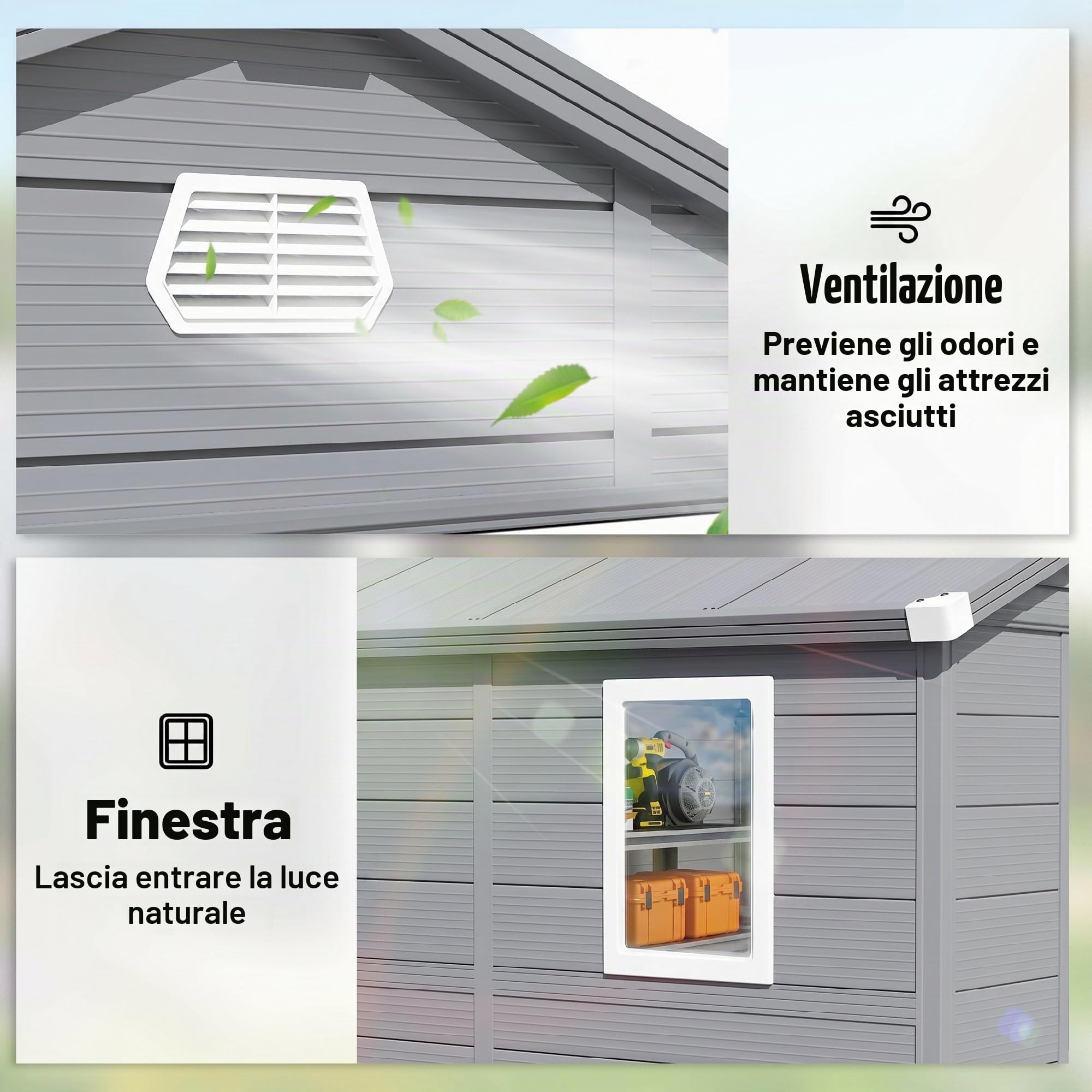 Casetta per attrezzi Outsunny 4,1 m³, casetta da giardino con tetto a una falda, 240 x 190 x 180/228 cm, casetta per attrezzi con porta chiudibile a chiave, finestra, garage per biciclette, mobile da