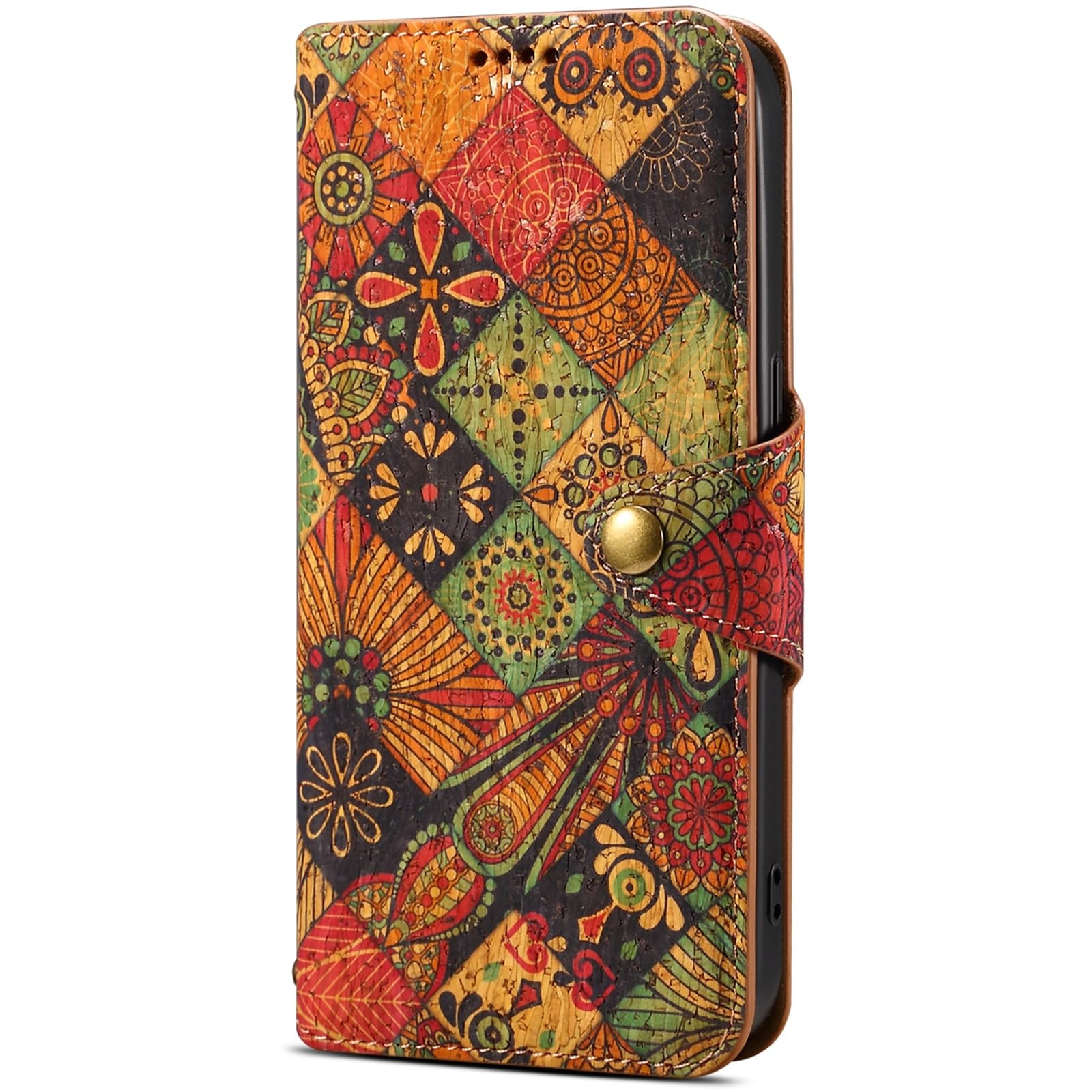 GuluGuru for iPhone 15 Leather Wallet Case, Retro Cork Wood Leather Folio Phone Case Flip Book Cover Magneitc Closure with Stand, ID Credit Card Holder Coin Cash Slot (Kaleidoscope Art Pattern)