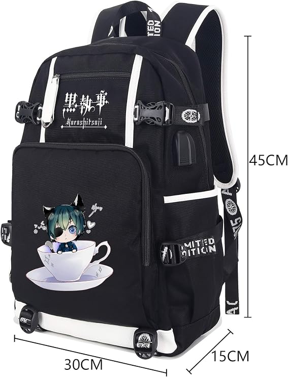Roffatide Anime Black Butler Backpack Book Bag Laptop School Bag with USB Charging Port And Headphone Port