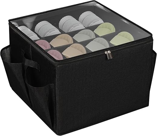 Shoe Organizer for Closet, Fits 16 Pairs, Large Shoe Box Storage Containers with Clear Lid, Foldable Adjustable Dividers for Shoe Storage, Space Saving Shoes Holder with Handles (Black)