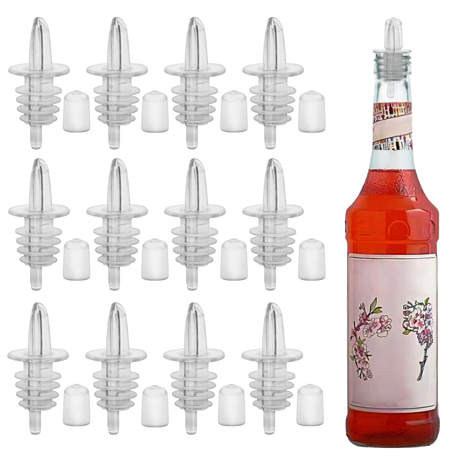 12 PCS Bottle Pourers And 12 PCS rubber pourers dust cap covers Syrup Pourer Pour Spouts Plastic Liquor Bottle Pourers with Rubber Pourers Dust Cap Covers Bottle Pourers (Clear)