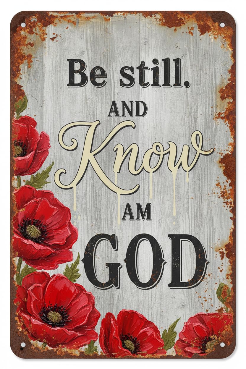 Be Still And Know That I Am God Red Poppies Tin Sign, 8x12 Inch