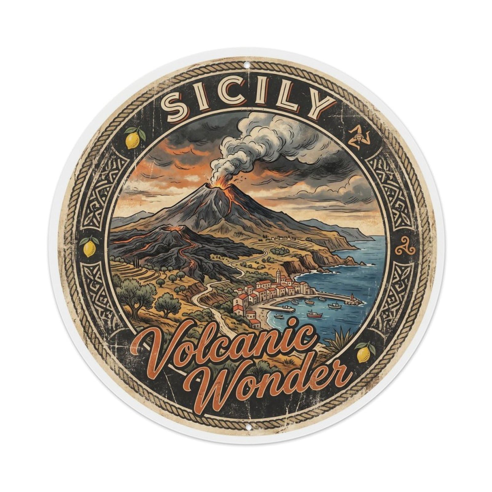 Vintage Travel Etna Volcanic Sicily Metal Tin Sign Plaque Wall Decor for Cafe, Club, Garden Round Metal Poster 8x8Inch