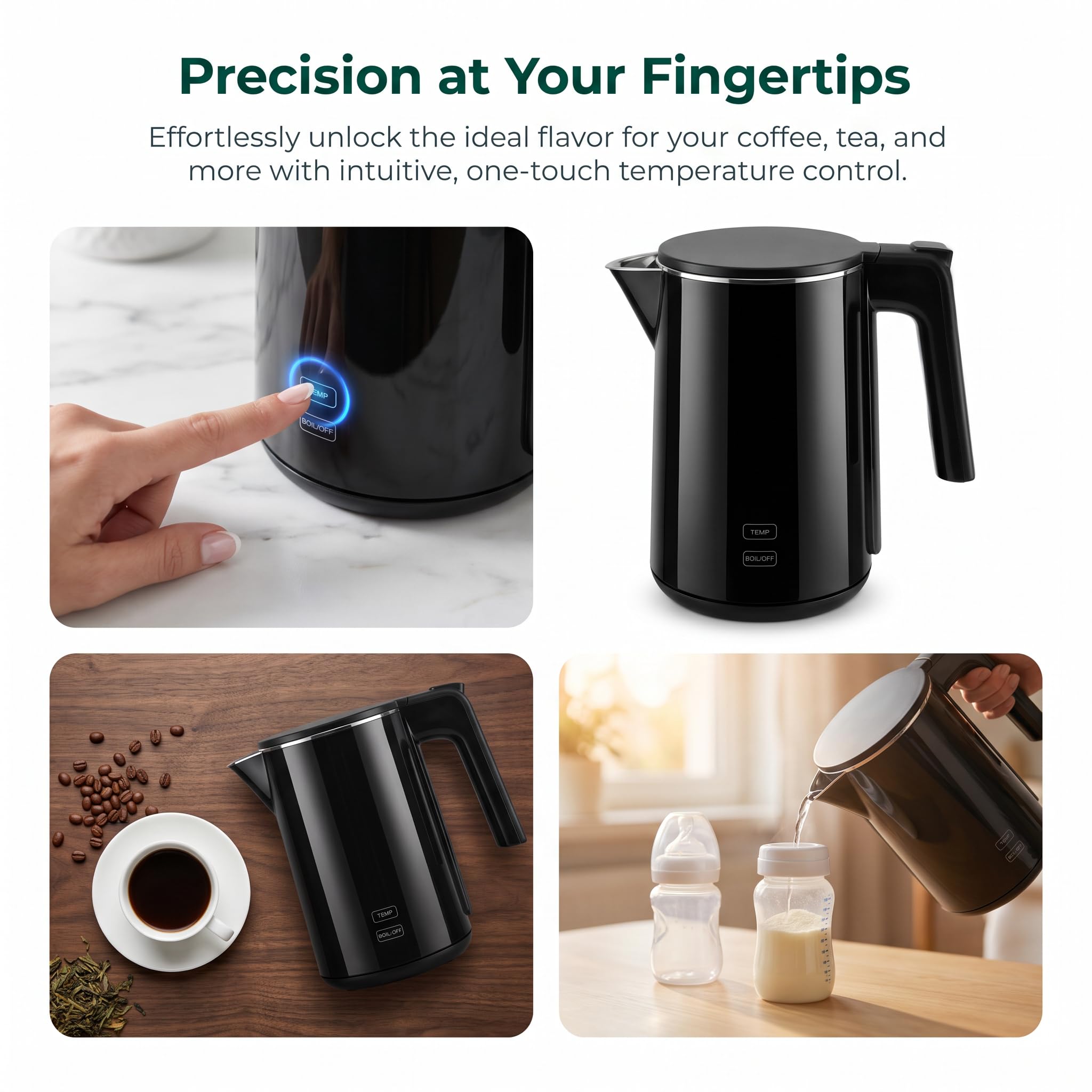 Electric Kettle 1.0L Adjustable Temperature, 1200W Fast Heating, BPA-Free