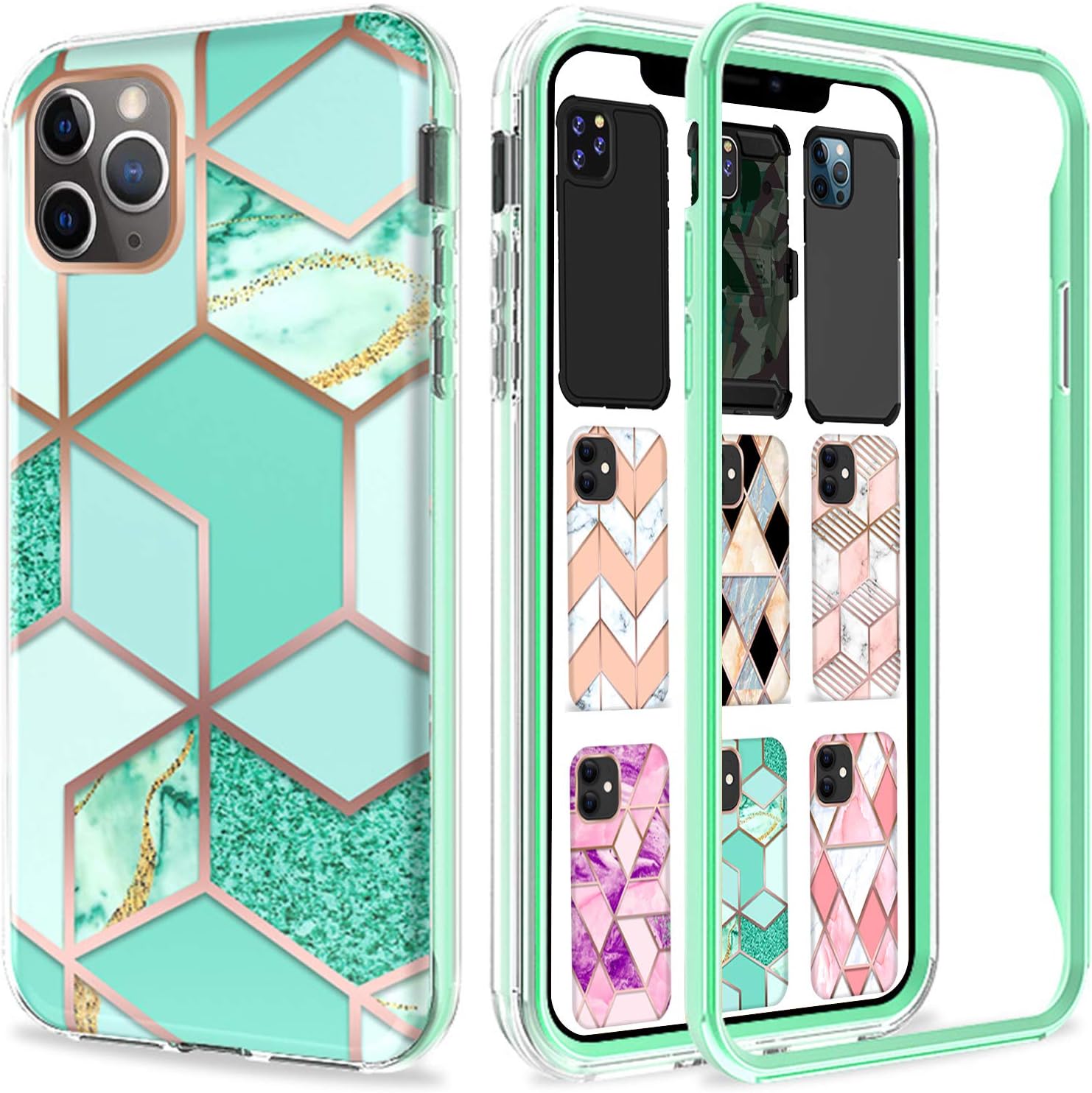 DuraSafe Cases for iPhone 11 PRO Max 6.5" 2019 A2161 A2220 A2218 Shockproof Dual Layer 3D Printed Cover with Rose Gold Grid TPU Back Case - Green Marble
