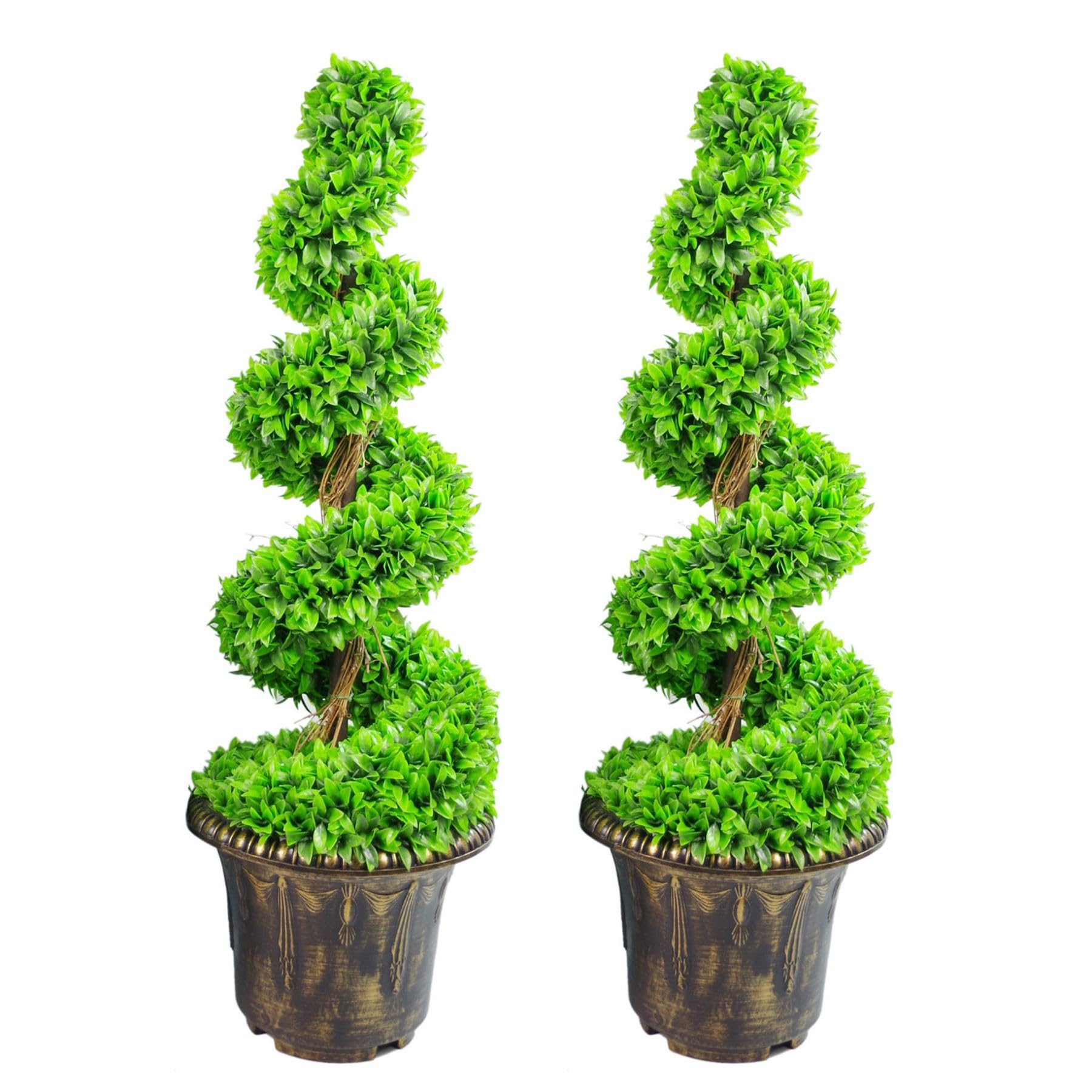 90cm Green Large Leaf Spiral Topiary Trees - Pair - Artificial Boxwood - Realistic - Leaf Brand