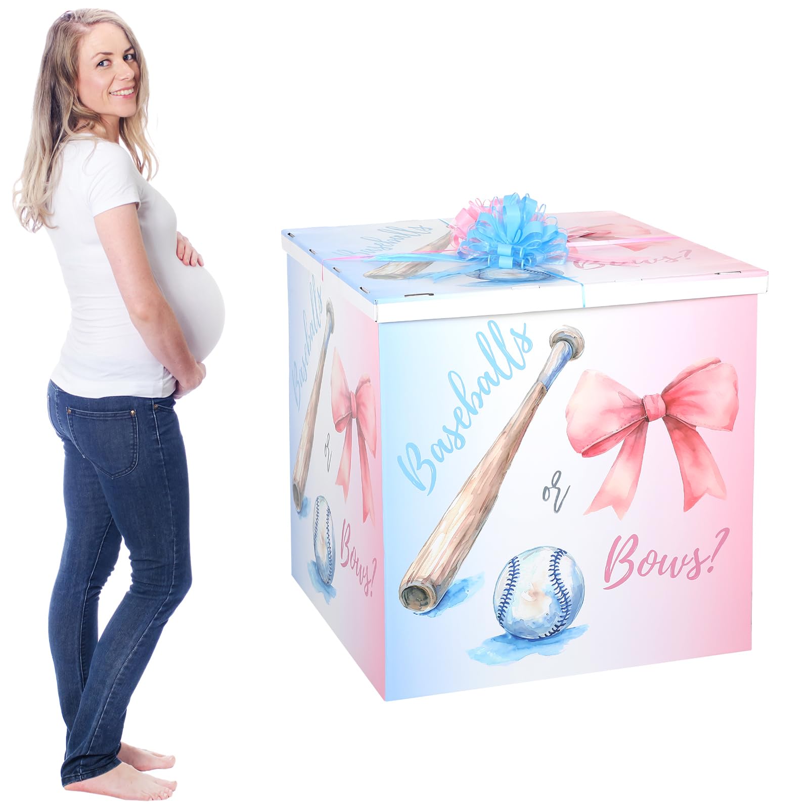 AmazingSpark 28in Jumbo Gender Reveal Gift Box Kit with Oversized Box Giant Pull Bows for Gender Reveal Baby Shower Birthday Party Decor (Baseballs or Bows)