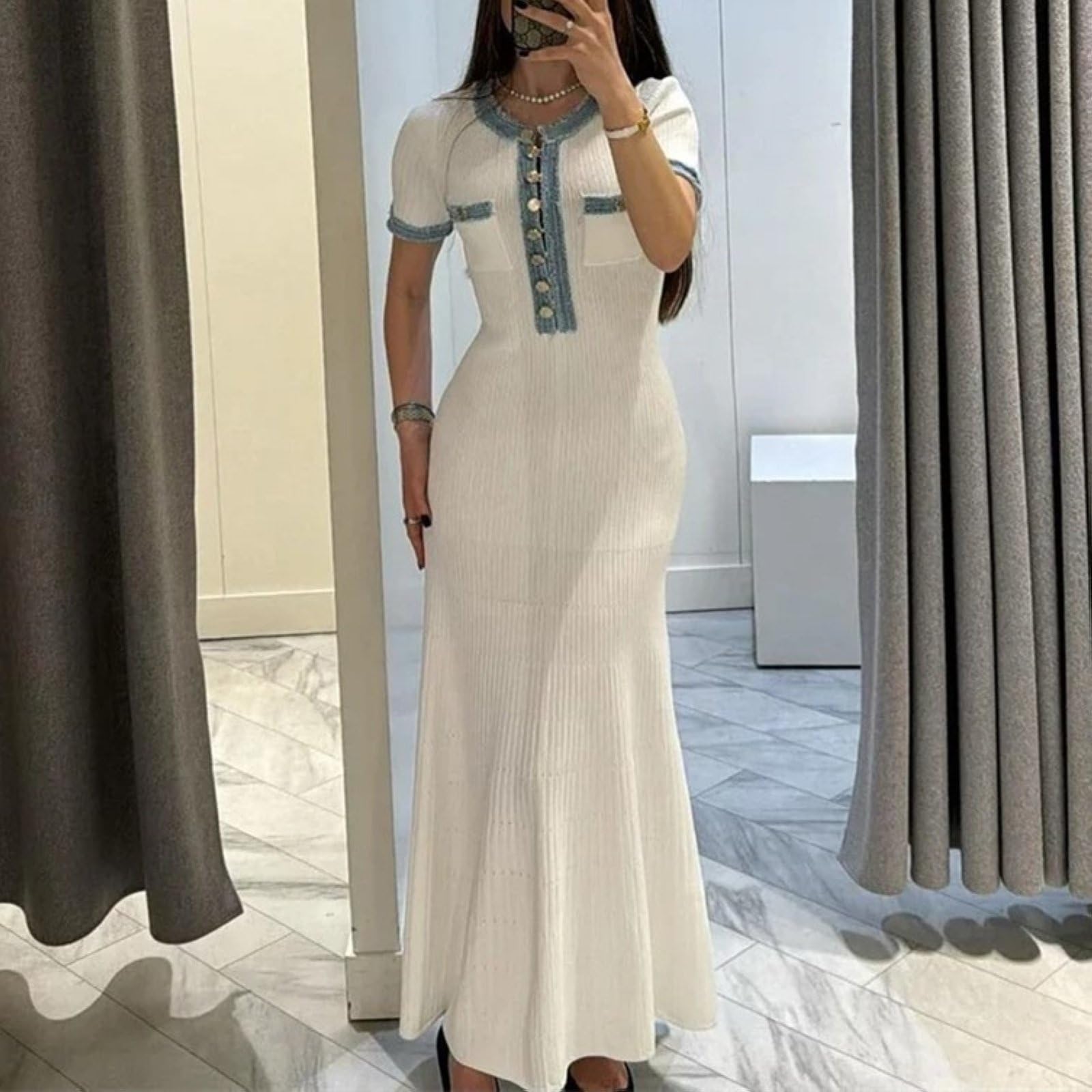 Vestido largo de punto acanalado para mujer de manga corta sexy ajuste ajustado con botones elegante de fiesta largo suéter