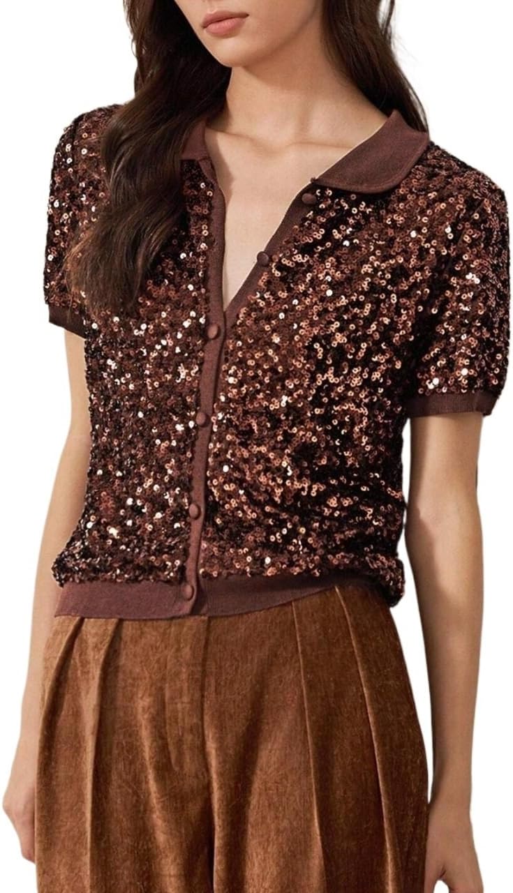 Womens Fashion Casual Cardigan Sweater Sequin Short Sleeve Sweater Outfits
