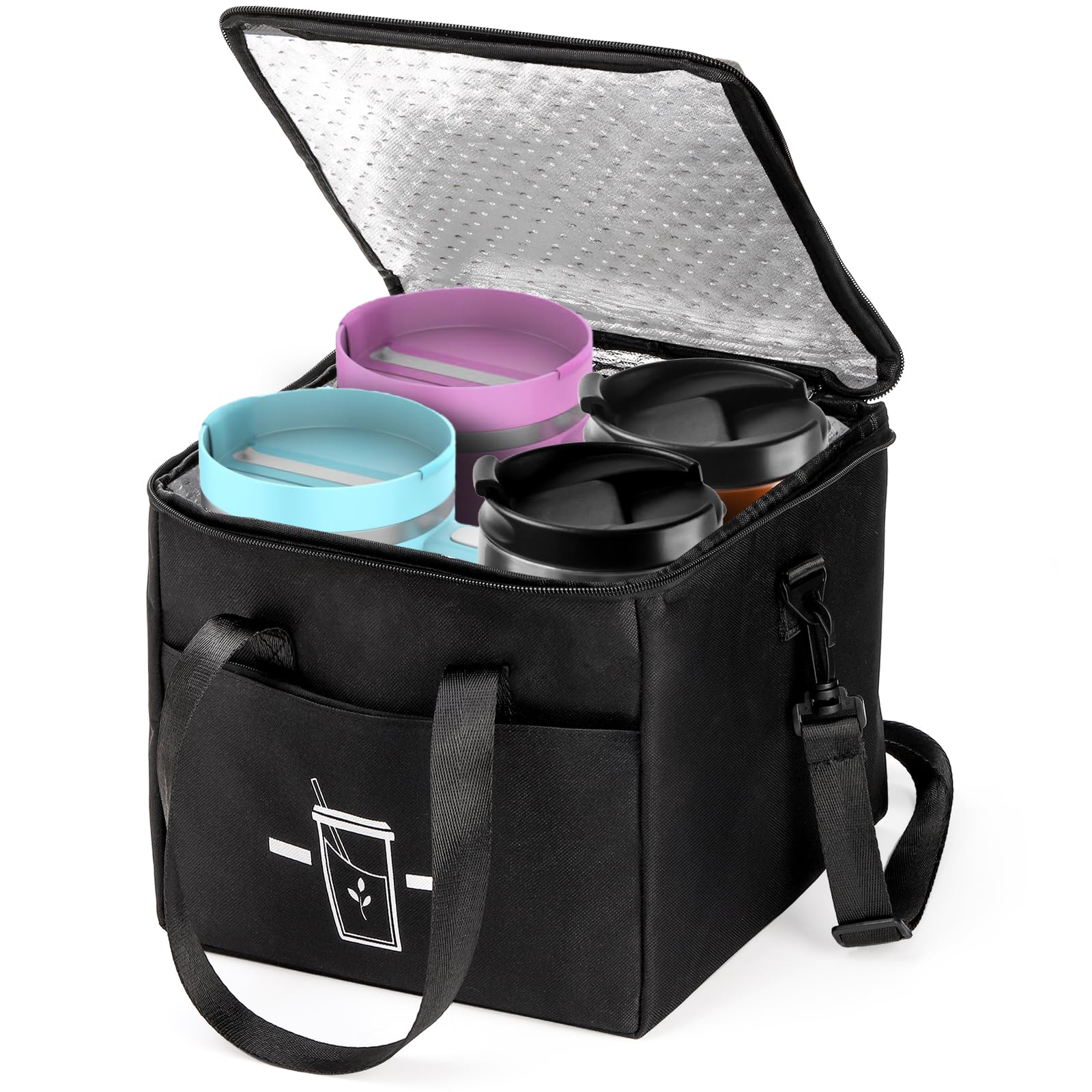 ZEAYEA Large Insulated Drink Caddy with Removable Dividers, 4 Cups Reusable Drink Carrier for Delivery, Cooler Bag, Beverages Carrier Tote Bag for Take Out, Travel, Outdoors