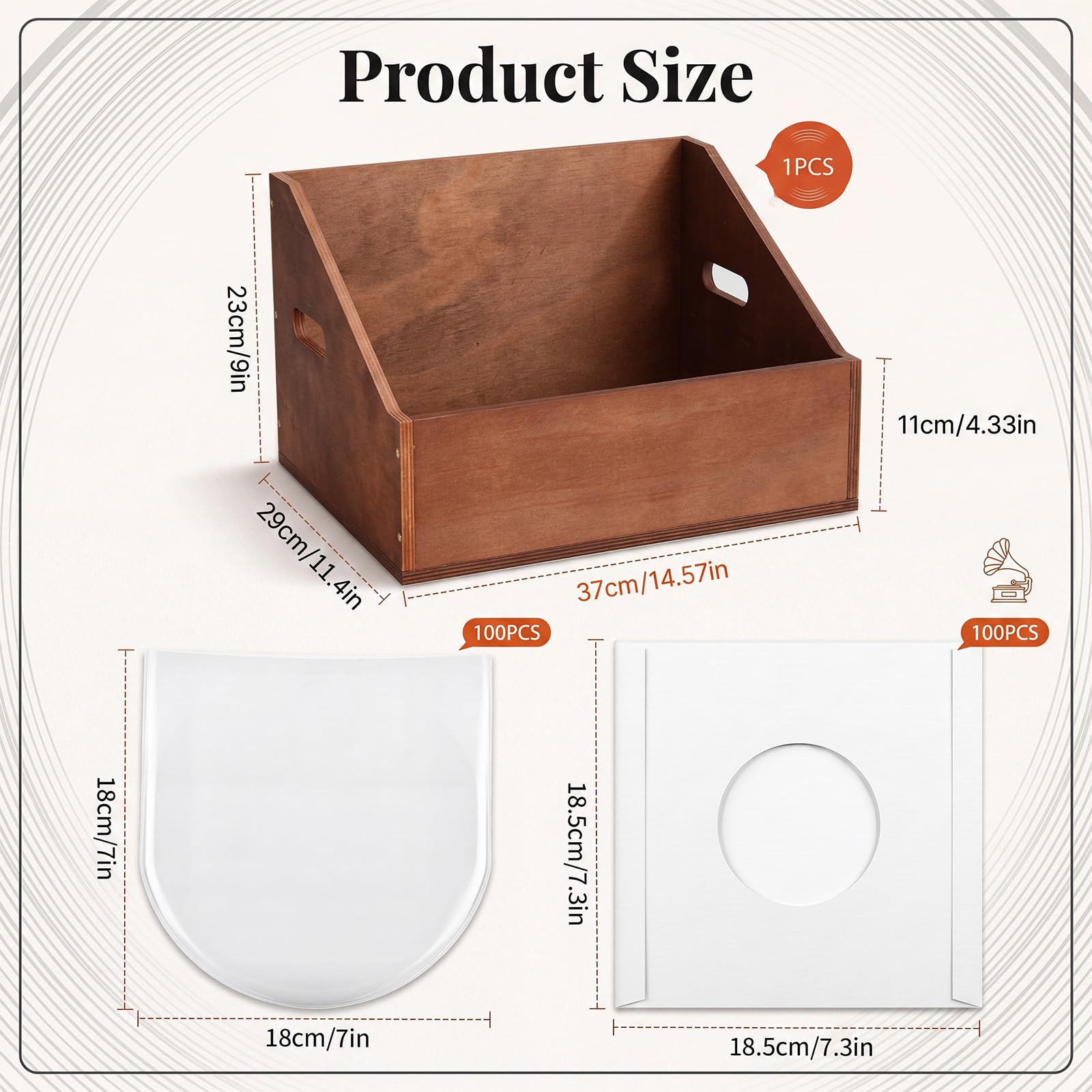 Fumete Scatola portaoggetti in legno per dischi in vinile, con 100 custodie per dischi da 45 giri/min, organizer resistente per album con manici e custodia quadrata in carta kraft da 17,8 cm, per
