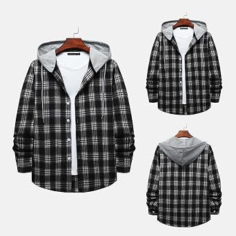 Plaid Men Dress Shirt Long Sleeve Hooded Button Shirts Causal Shirt Jacket With Hood Drawstring Fall Outwear Coat