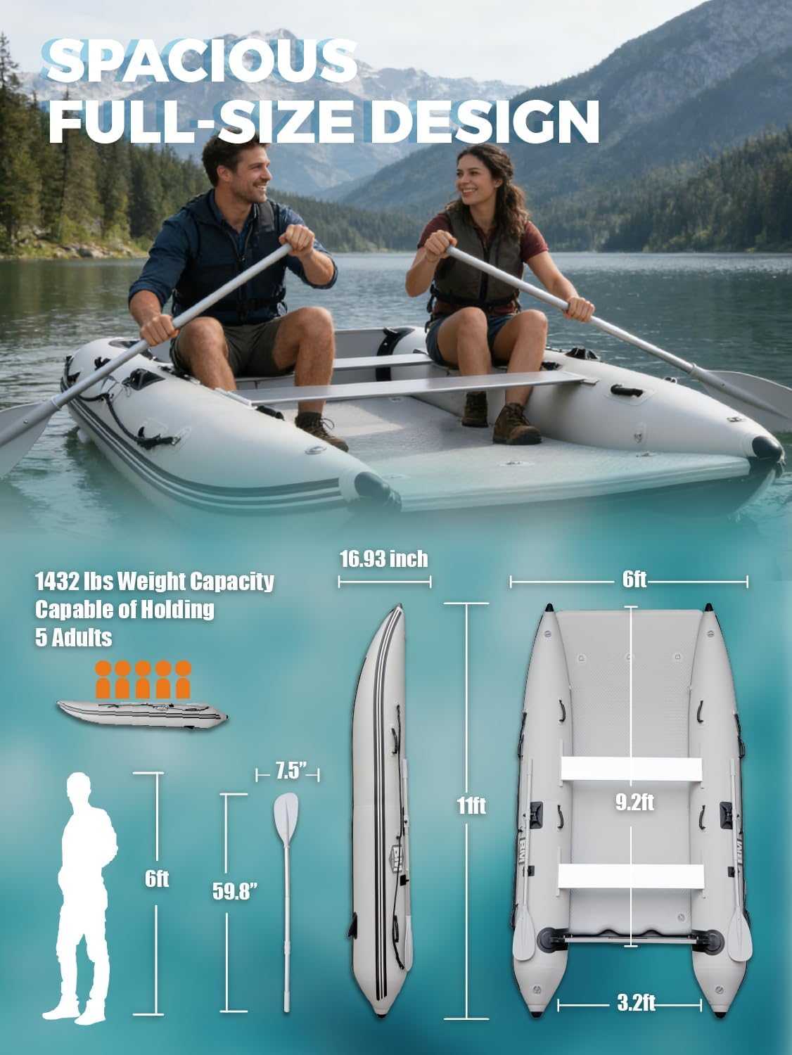 11ft Inflatable Catamaran Boat for Adults, 5-Person Fishing Boat with Drop-Stitch Floor, 15HP Motor Mount, Heavy-Duty Inflatable Dinghy with Aluminum Oars and Seats, Includes HIN for Registration