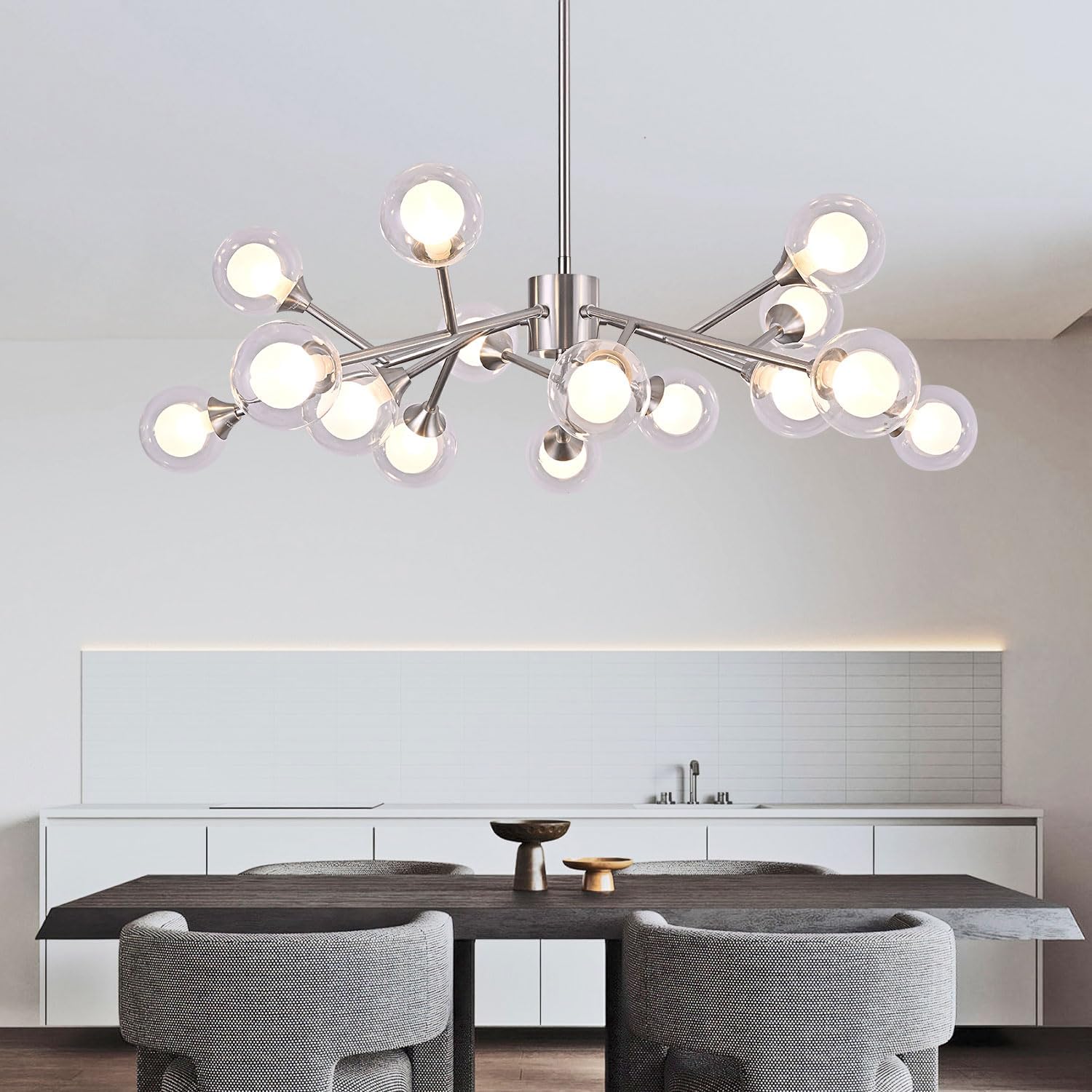 15 Lights Chandeliers Sputnik Modern Brushed Nickel Chandeliers with Bubble Glass Ball Branches Pendant Light Ceiling Light Fixtures for Dining Living Room Bedroom