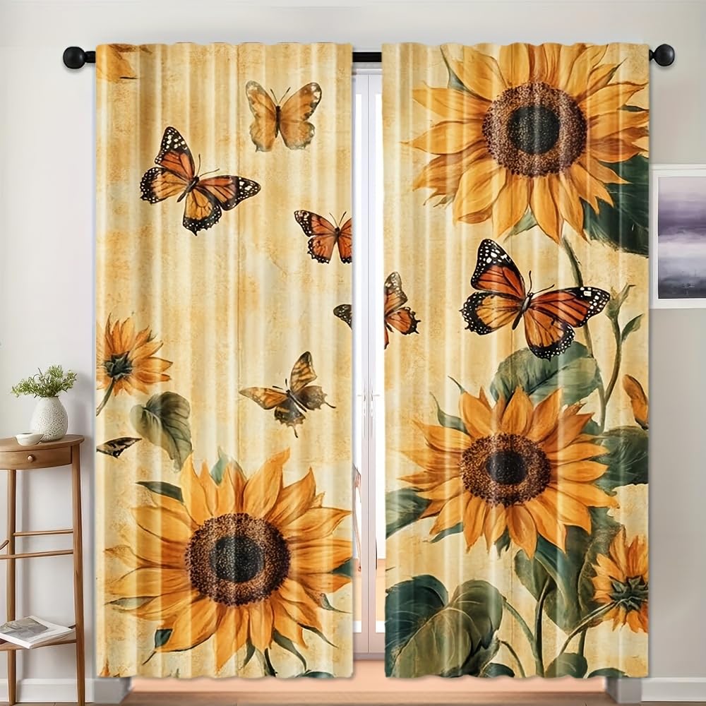 SMXVRC Wild Flower Thermal Insulated Drapes Yellow Sunflower Drapes with Grommets Interior Decor Noise Full Room Darkening Reducing Eyelet Curtain for Dining Room Indoor, W66 x L90 x 2 Panels