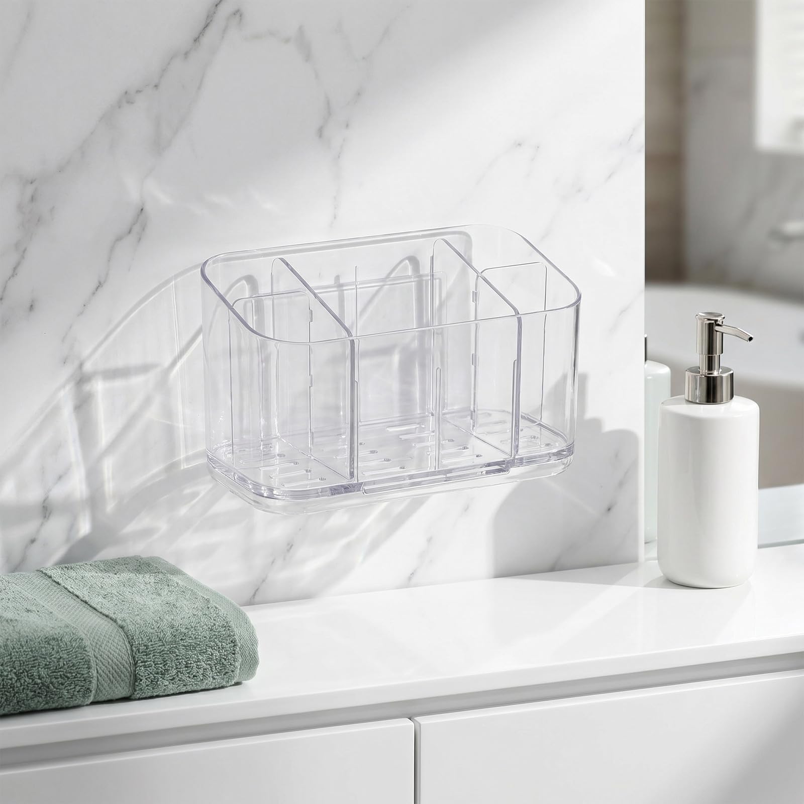 Luxshiny Soporte para cepillos de Dientes de Ducha (3 Unidades): Organizador de Pasta de Dientes de Pared con Divisor extraíble y Caja Inferior de plástico Transparente Desmontable para Recoger el