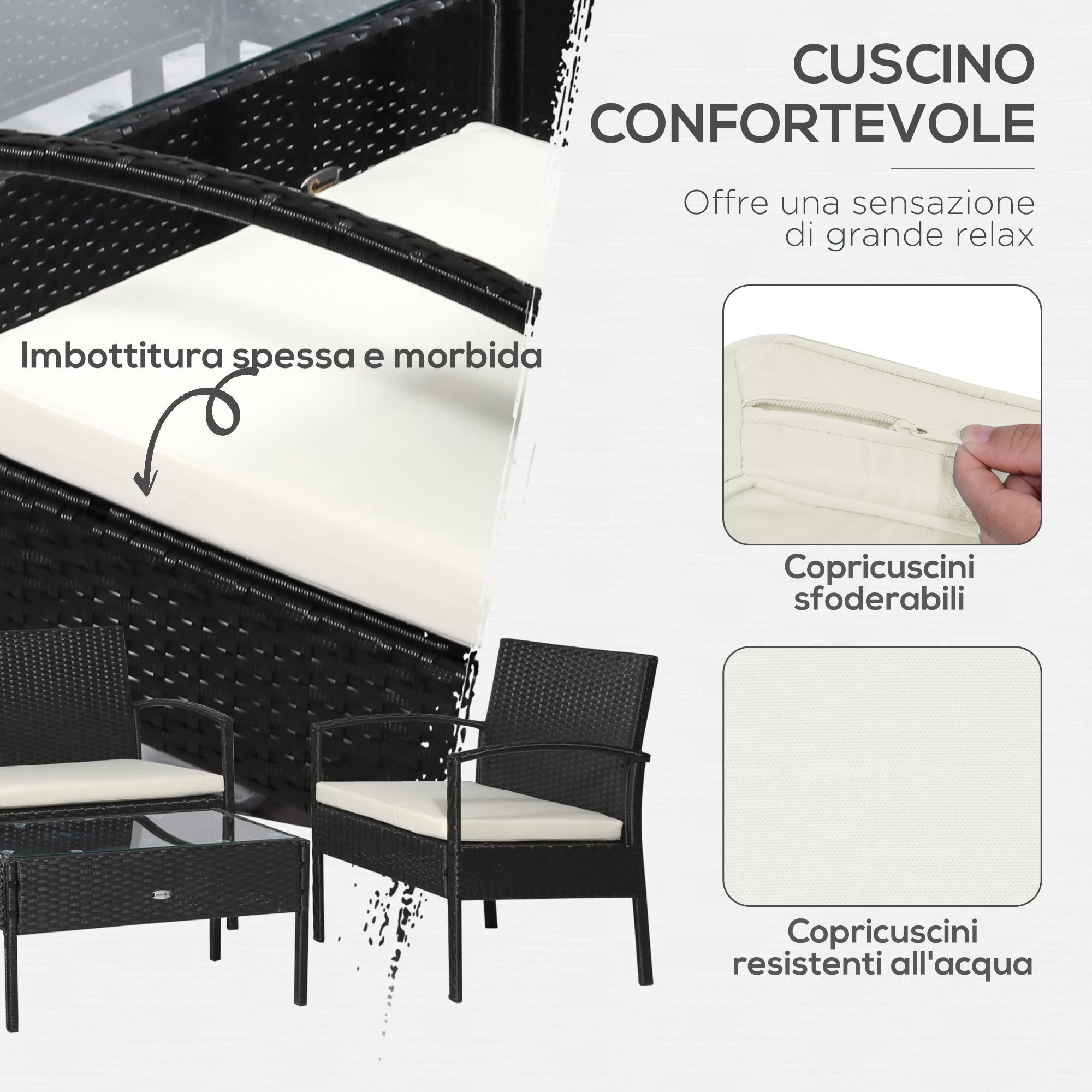 Outsunny Set da Giardino 4 Pezzi in Rattan PE, Salotto da Giardino con Tavolino da Giardino 75x40x38 cm, 2 Poltroncine 57x60x77 cm e Divano 2 posti 108x60x77 cm, Nero e Crema