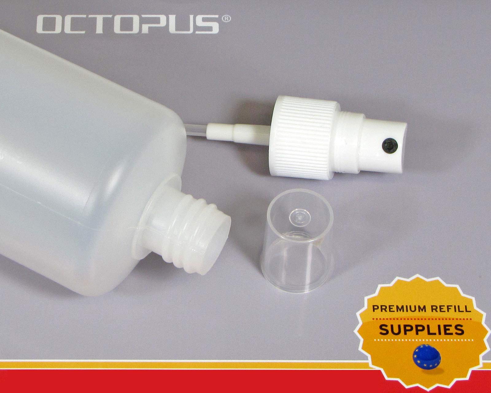 10 Plastikflaschen 250 ml aus HDPE, natur, G18, Fingerzerstäuber aus PP, weiß, klare Überkappe