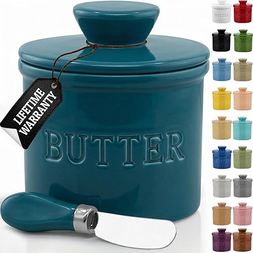 Miniatura 10 de Priority Chef Recipiente para Mantequilla con Tapa y Línea de Agua, Plato Francés de Cerámica para Mantequilla para Dejar en la Encimera, Gris Claro