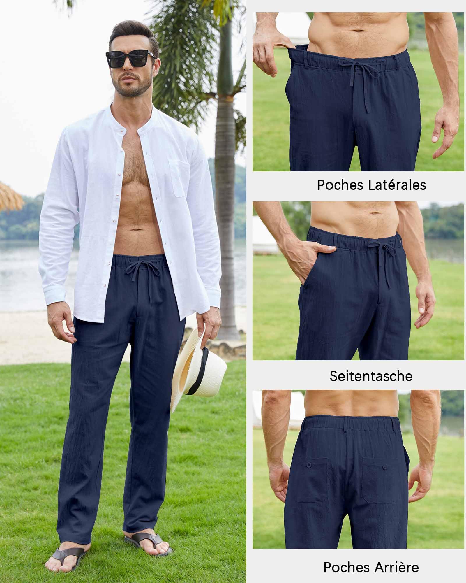 NANAMEEI Pantalon Lin Homme Été Pantalons de Plage Casual Pantalon Yoga Homme Grande Taille Elastique avec Cordon