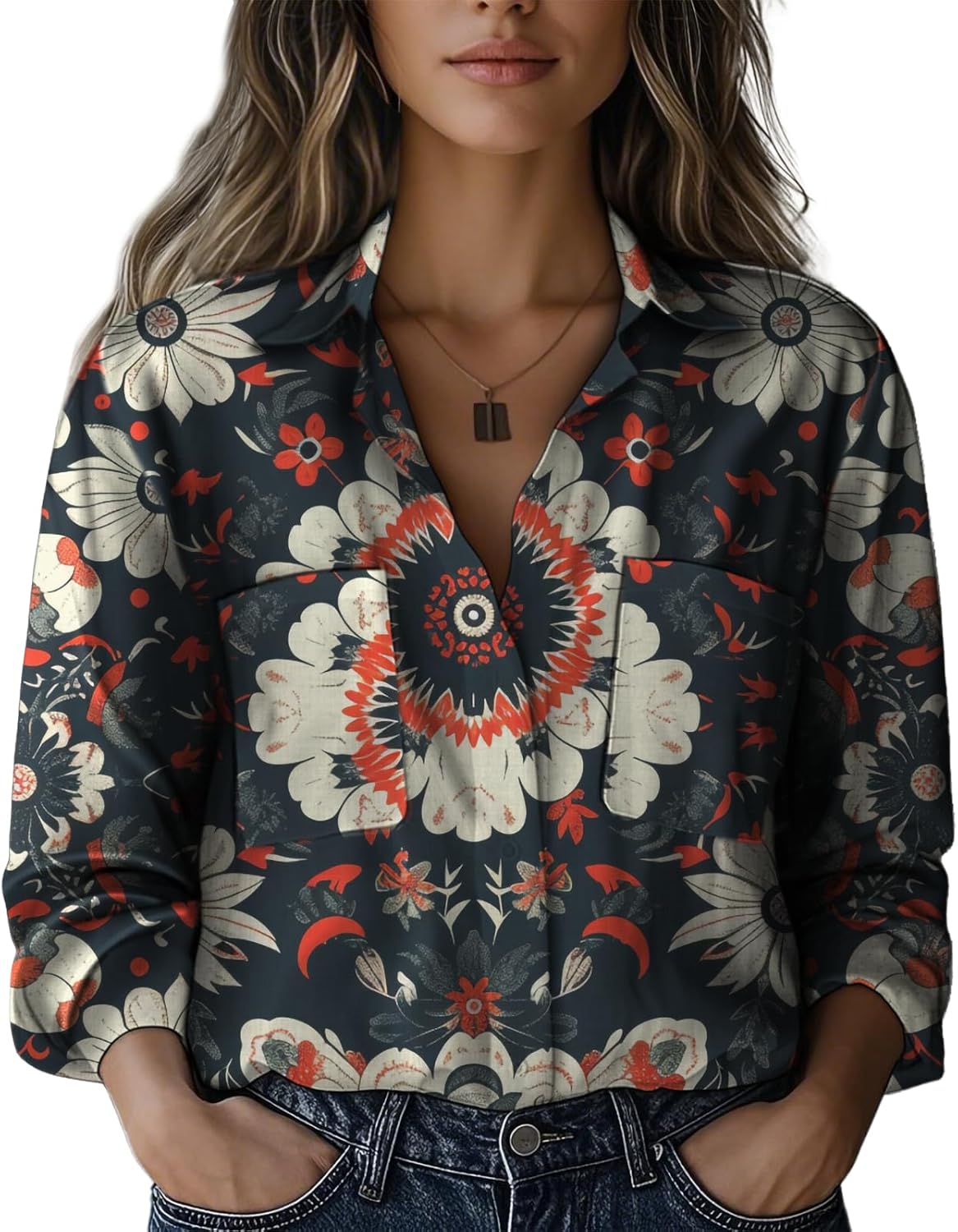 Button Down Shirts for Women Boho V Neck Summer Plus Size Spring Vintage Office Work with Pocket Beach Top