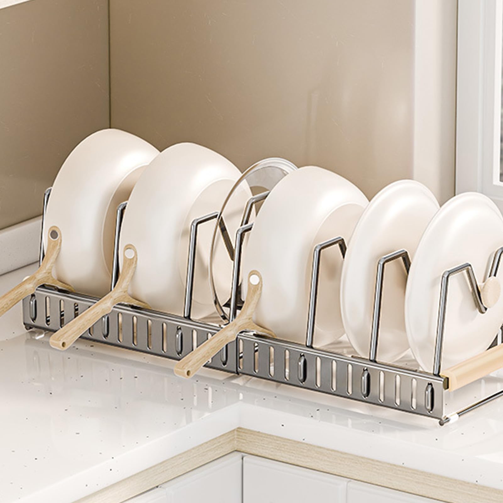 Confezione da 1 organizer per coperchi in acciaio inox all'interno dell'armadio con 7 divisori regolabili – organizer per coperchi di pentole e padelle, lunghezza totale 57,5 cm (grigio)