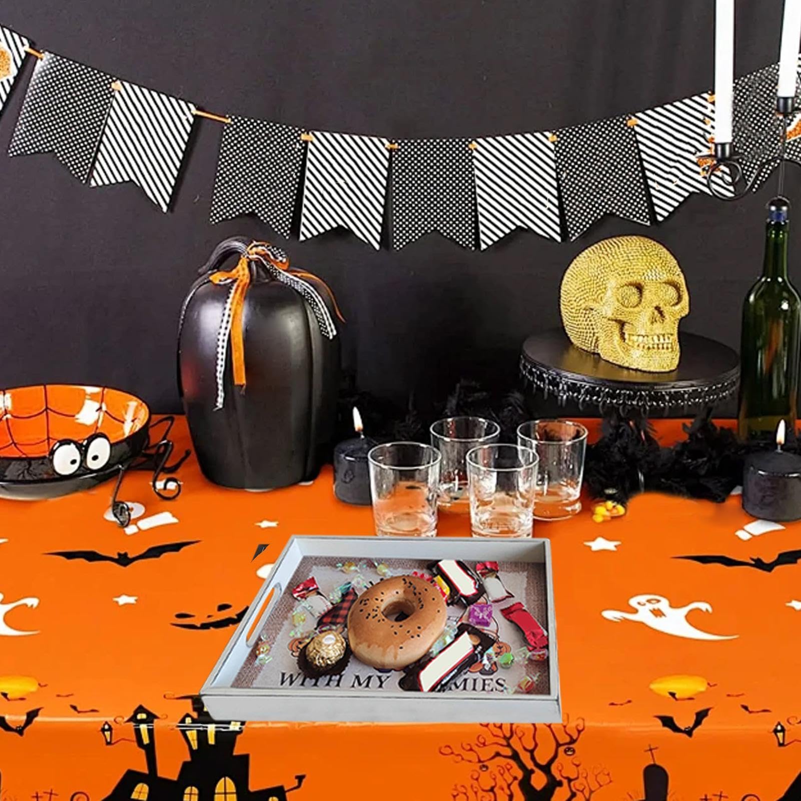 Vassoio di Halloween Vassoio porta snack in legno 3 pezzi con maniglia