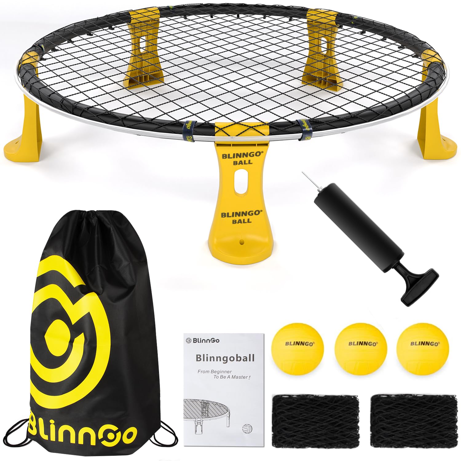 Ensemble de jeux d'extérieur Roundnet avec lumières, 3 balles, filet de jeu, filet de compétition, sac, pompe