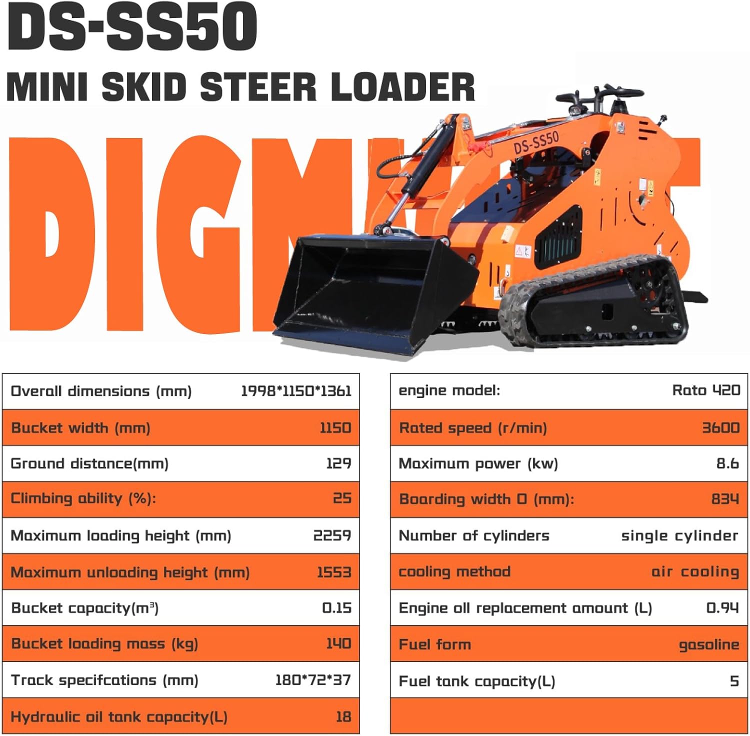 13.5HP Standing-on Mini Skid Steer Loader,Crawler Trenching Bucket EPA Gasoline Engine - Mini Skid Steer Attachments with 12 Months Parts Replacement (Orange-2)