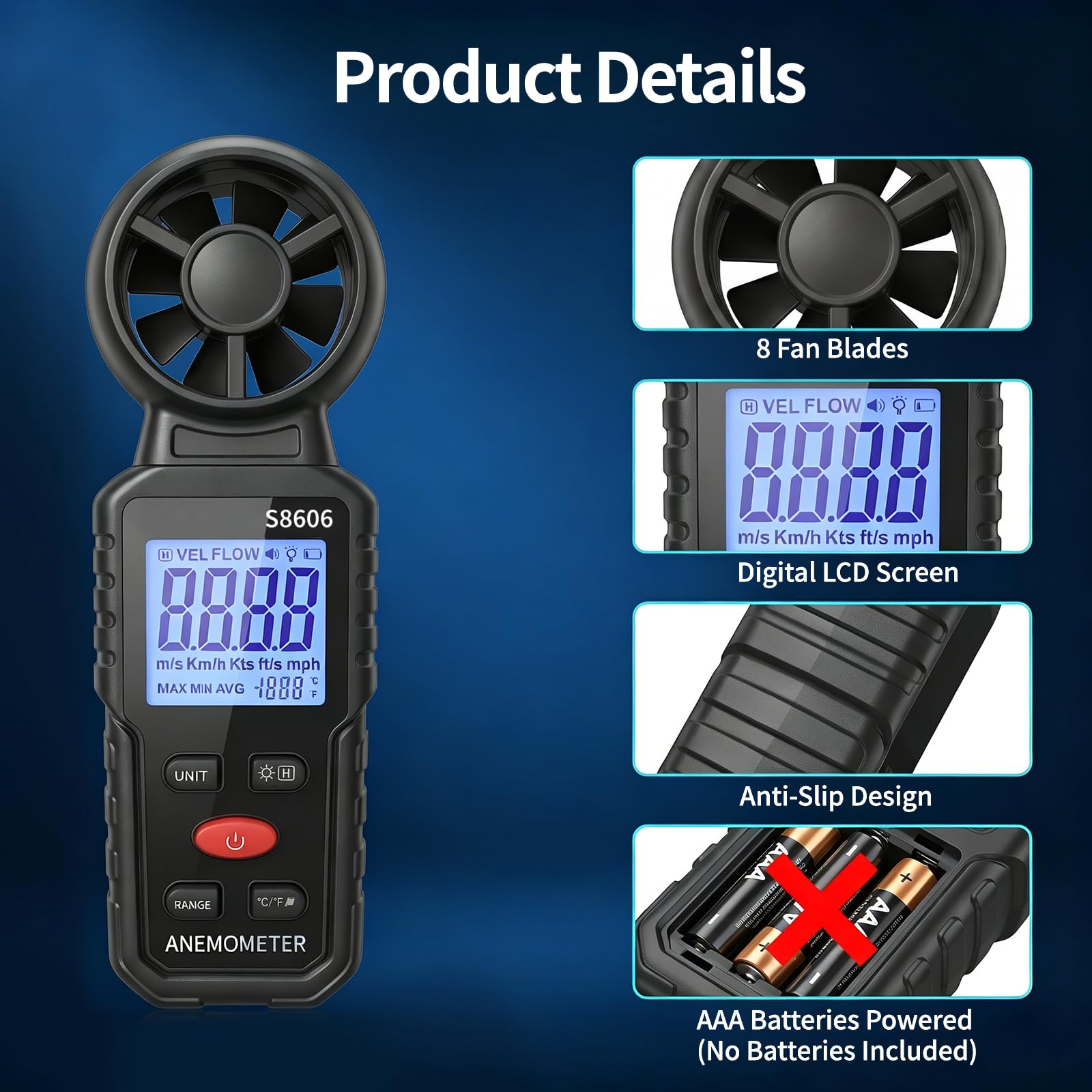 Anemómetro Digital Portátil 3 en 1 con Pantalla LCD Retroiluminada, Medidor de Velocidad del Viento, Temperatura y Flujo de Aire, Funciones MAX/MIN/AVG, para Navegación, Drones, Surf y Pesca