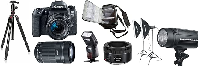 77D camera 18-55 IS STM lens 55-250 IS STM lens 50mm STM lens KamKorda Pro Camera Bag Flash Tripod and Home Studio Lighting Kit 77D camera 18-55 IS STM lens 55-250 IS STM lens 50mm STM lens KamKorda Pro Camera Bag Flash Tripod and Home Studio Lighting Kit