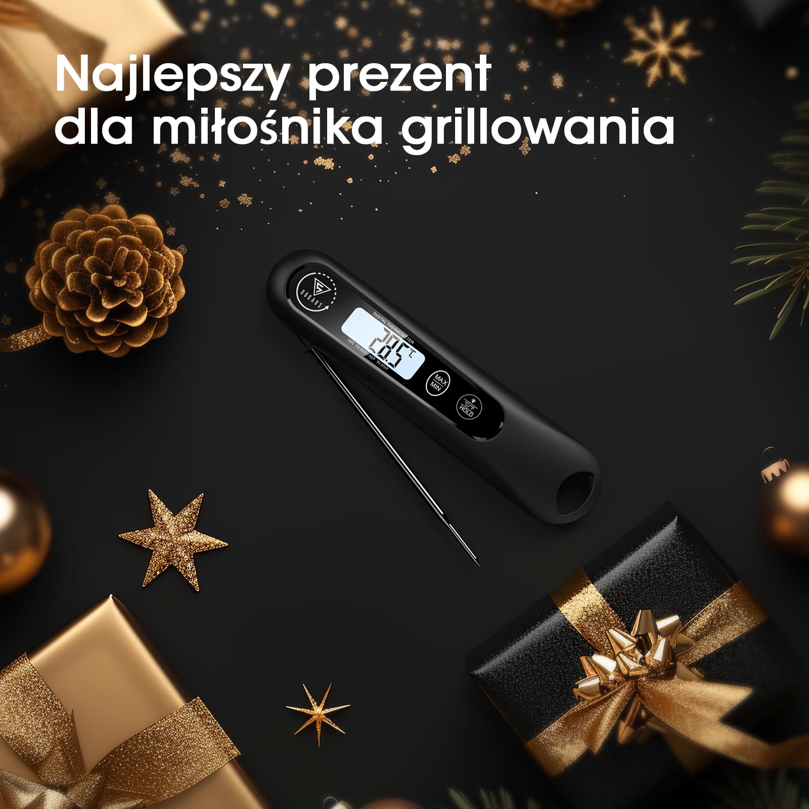DOQAUS Cyfrowy termometr do mięsa, błyskawiczny termometr do żywności z podświetlanym ekranem LCD, składana długa sonda i automatyczne włączanie/wyłączanie, termometr do grilla, termometr do kuchni, g