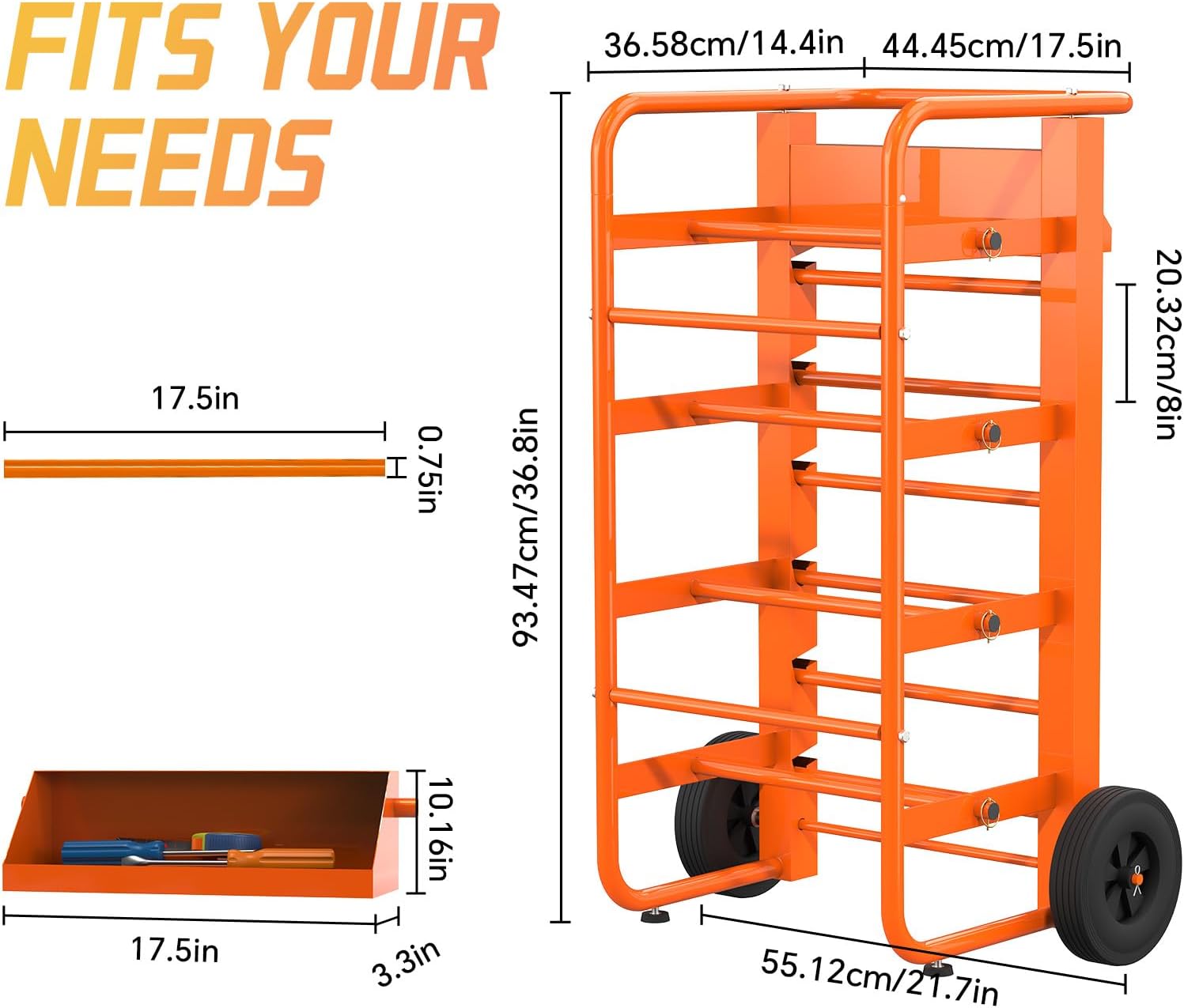 Wire Spool Rack Cable Caddy,Portable Wire Rack Dispenser with Wheel, Automotive Wiring Storage, Multi-Spool Wire/Cable Dispenser, Electrical Wire Spool Holder Cart with Storage Tray (Orange)