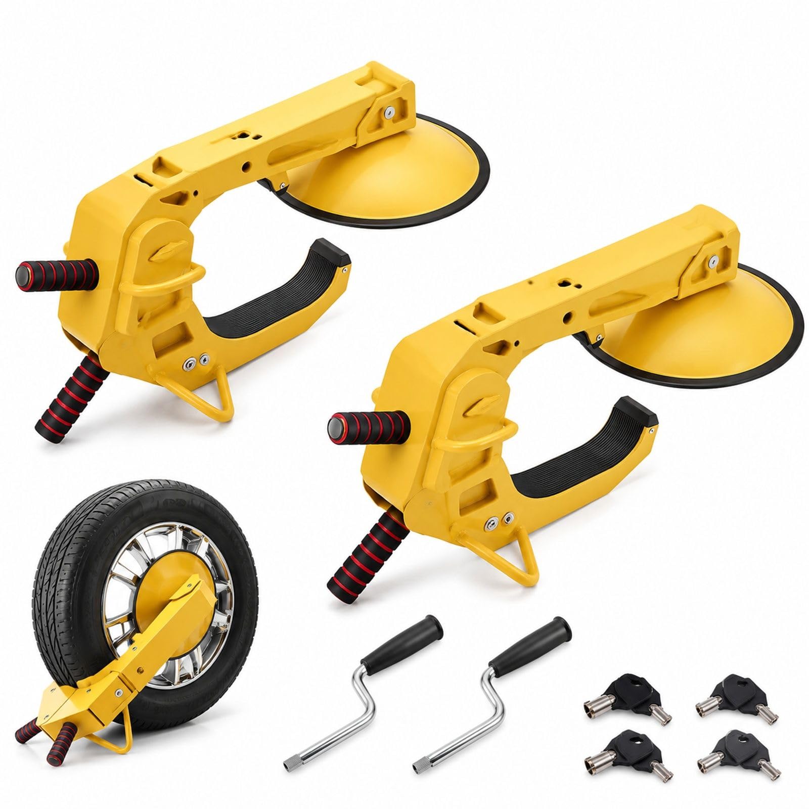 Lot de 2 sabots de roue jaunes en acier Q235 avec ventouse et clés pour voiture caravane camion moto SUV
