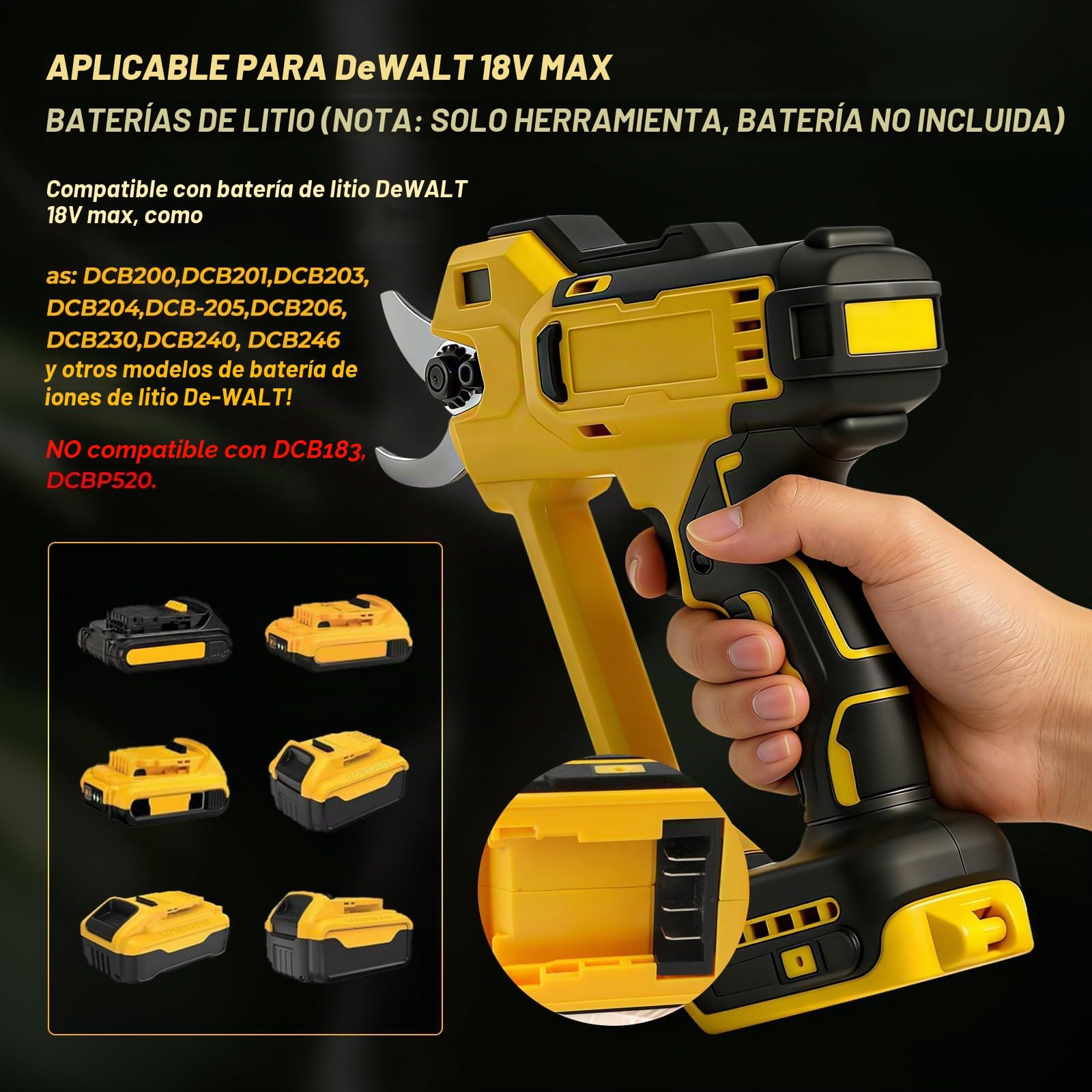 Tijeras de Podar Eléctricas Inalámbricas Compatibles Con Dewalt Batería de 18V (No Batería), Podadora Eléctrica Sin Escobillas de 600W Con Apertura Máxima 35MM, Para Jardín Y Huerto