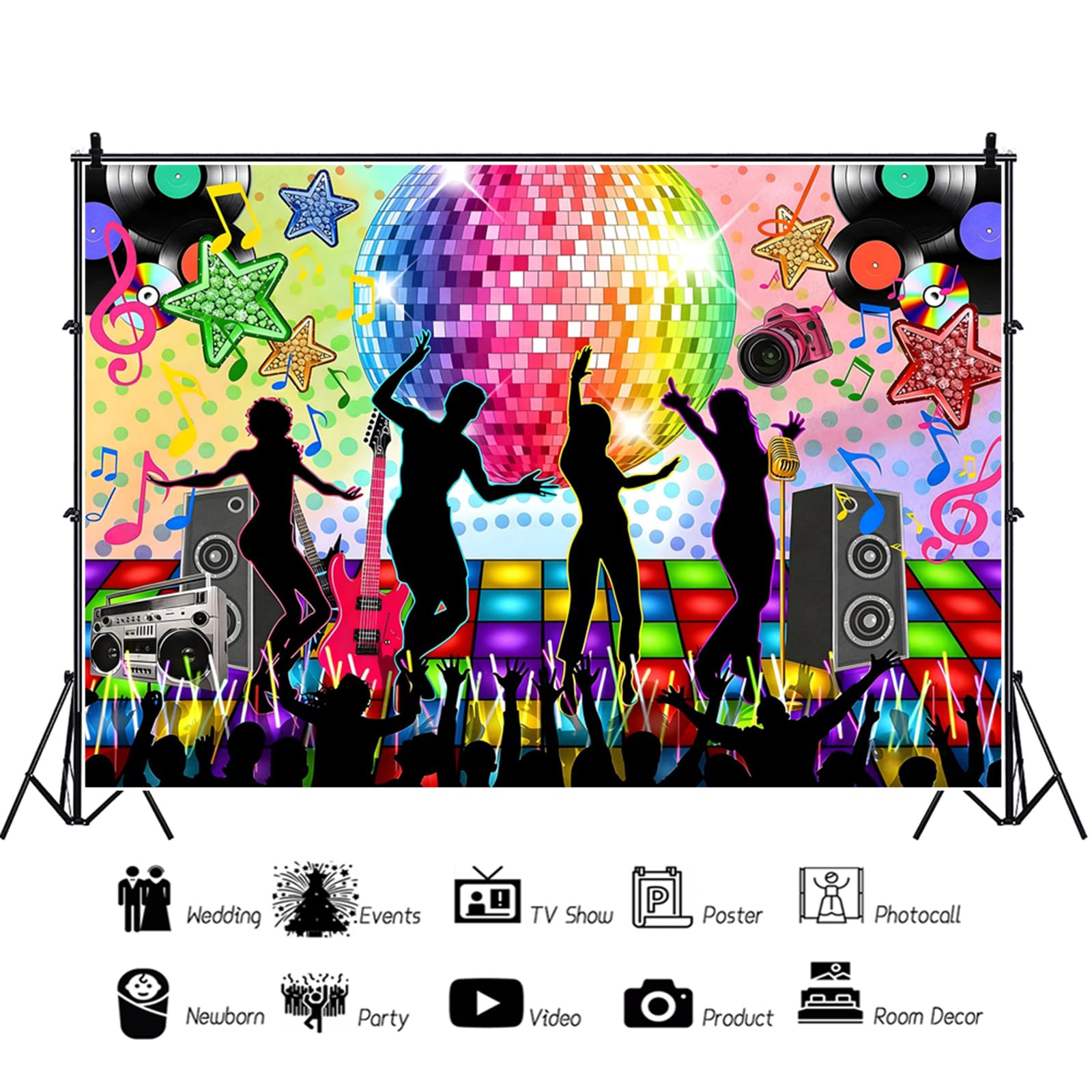 Sfondo Fotografico di Disco 3.6x2.5m, Retro Ricottura Festa Anni 70 80 90 Neon Disco Ball Fase Fotografia Sfondo Night Club Musica Danza Compleanno Tema Festa Decorazione Banner Puntelli Foto