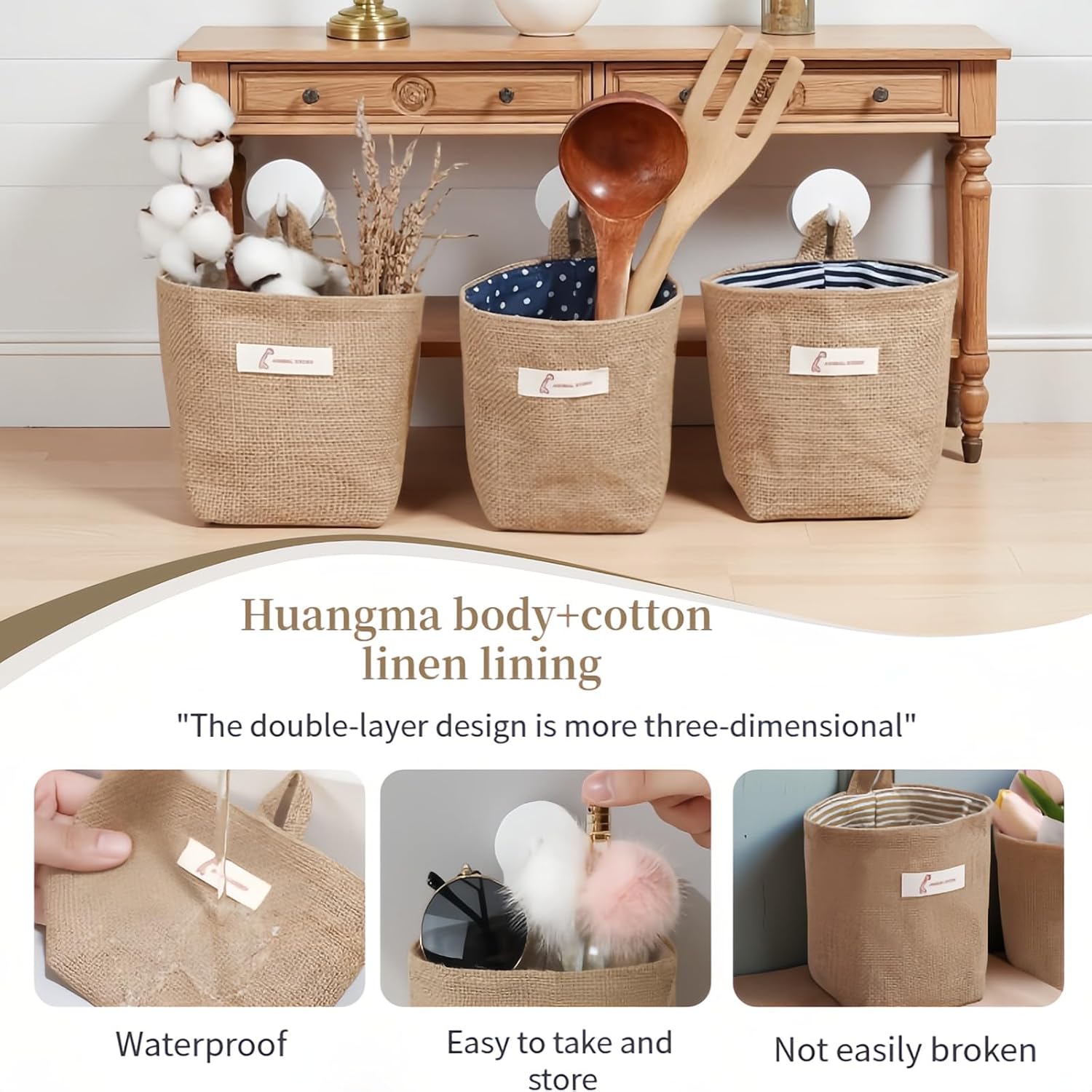 Washable Cotton Linen Hanging Organizer Bag for Door Wall Bedside | Washable Storage Pockets | Space Saving ，Reusable Closet Organizer (2Pack) (Deep blue stripes+yellow dots)